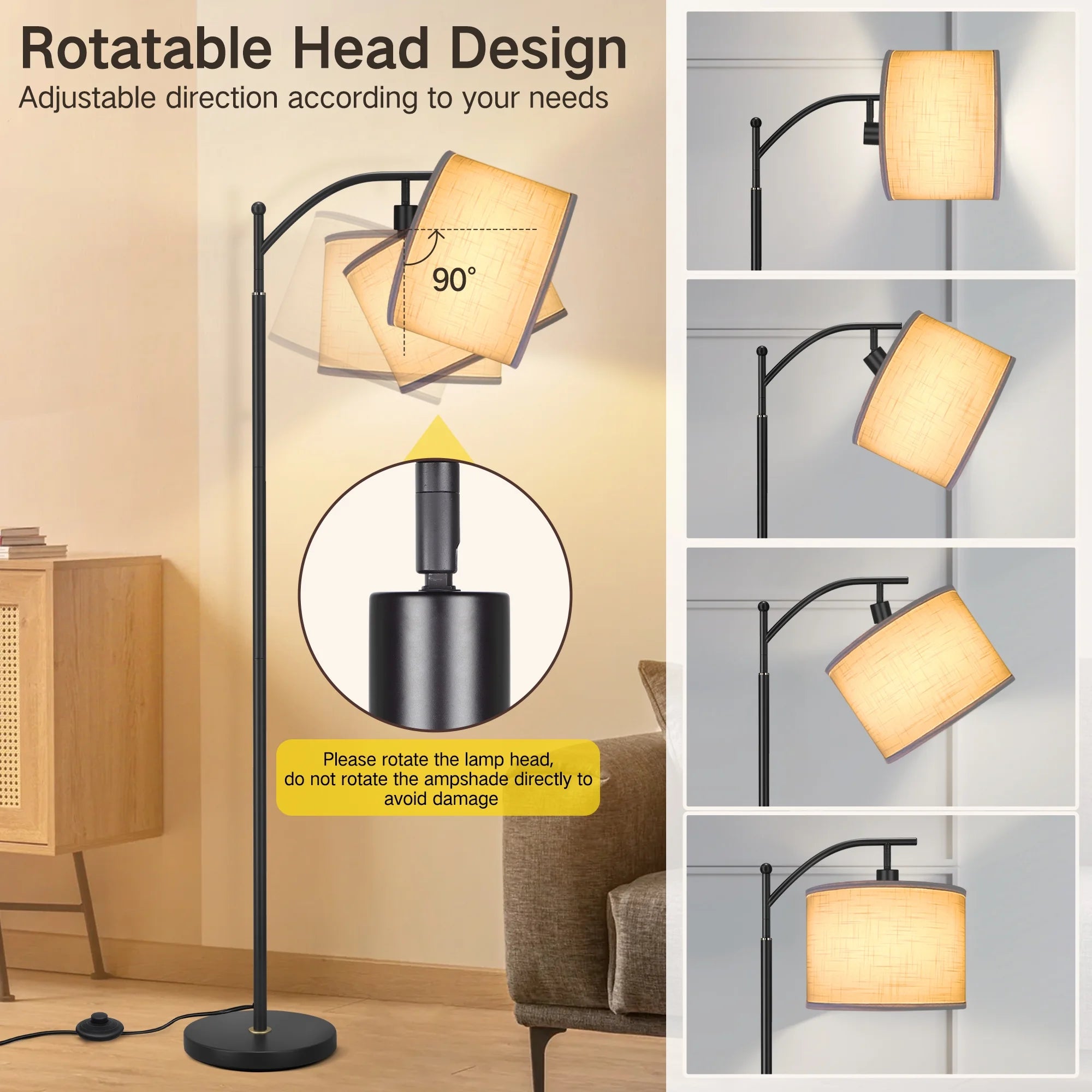 63" Arc Floor Lamp for Living Room, Modern Standing Lamp with Hanging Linen Shade, Metal Floor Lamp with 3 Color Temperatures LED Bulb for Bedroom(Black)