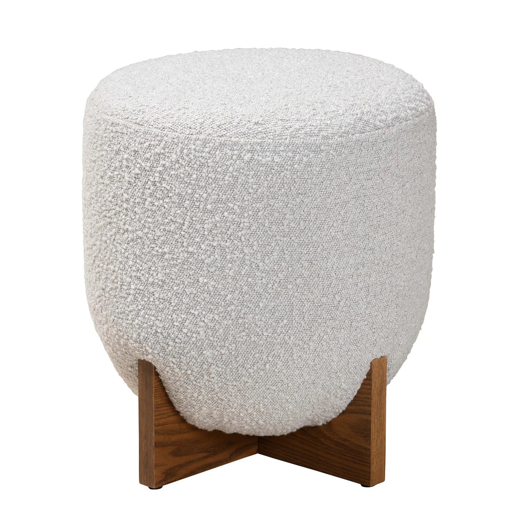 Fisk Japandi Light Grey Boucle Fabric and Walnut Brown Finished Wood Ottoman Footstool