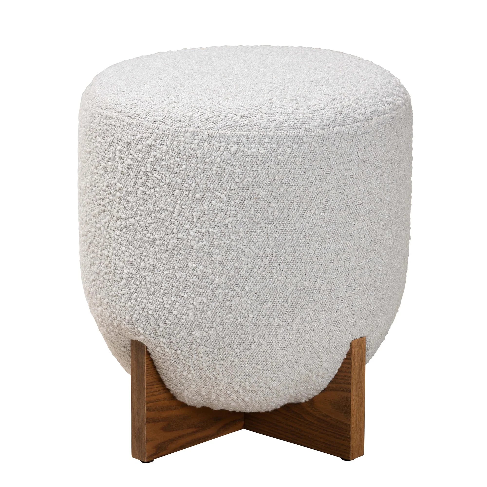 Fisk Japandi Light Grey Boucle Fabric and Walnut Brown Finished Wood Ottoman Footstool