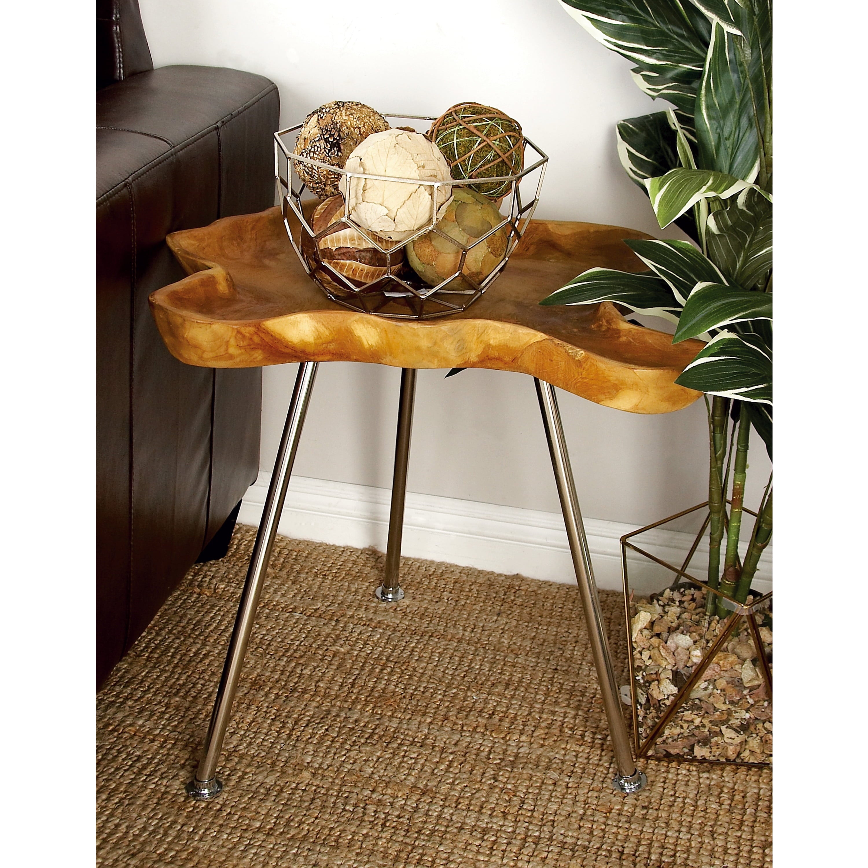 27" X 22" Brown Teak Wood Live Edge Top Accent Table with Silver Metal Tripod Legs, 1-Piece