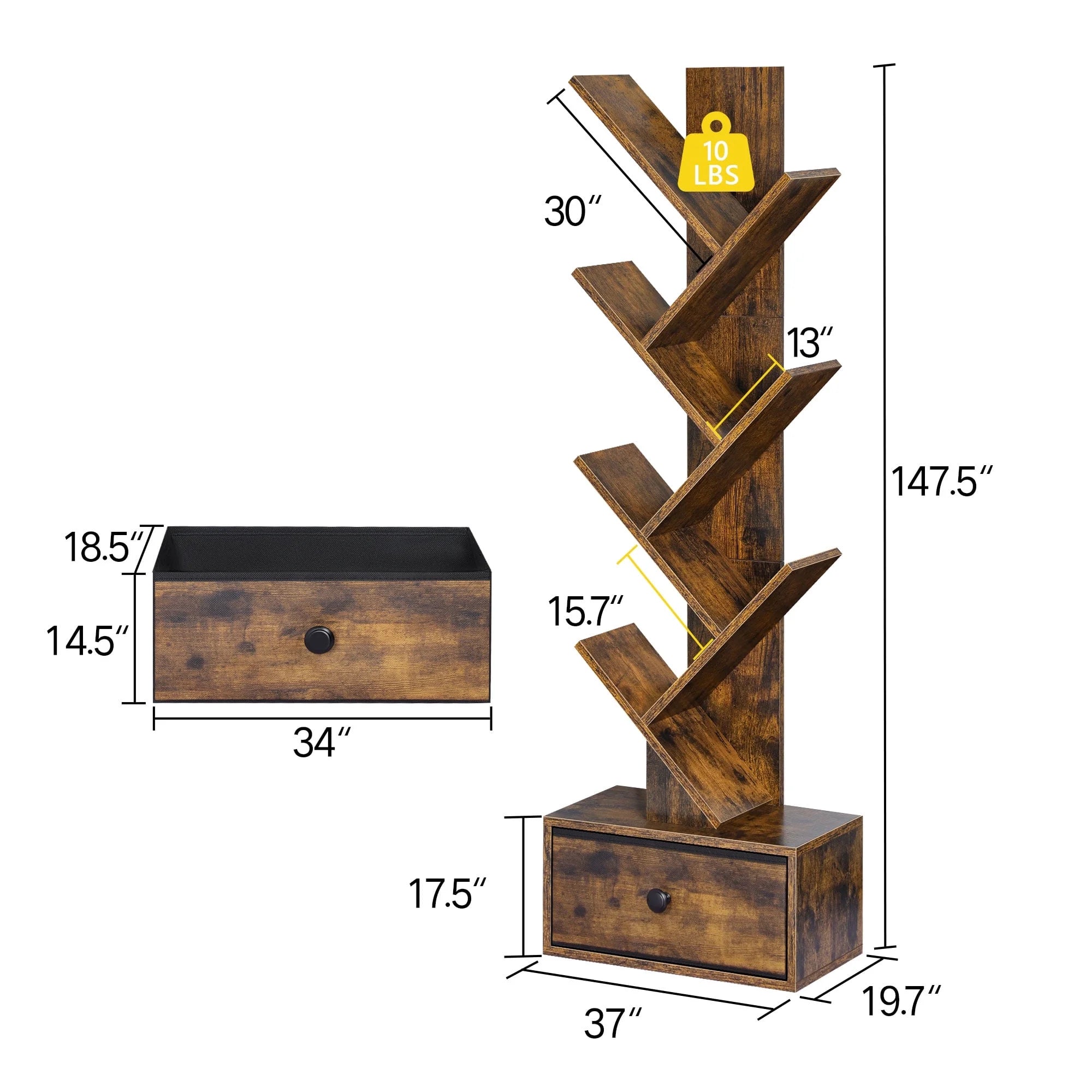 Tree Bookcase, 6-Tier Floor Standing Bookshelf with Drawer for Living Room Bedroom, Office