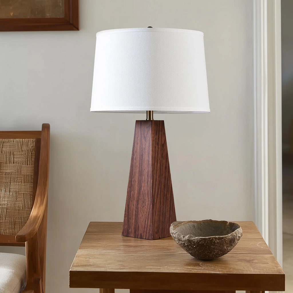 29" Modern Wood Table Lamp with White Linen Shade, Brown Wood Base, E26 Socket, ON/OFF Switch, Aesthetic, Minimalist Bedside Accent Lamp(Bulbs Not Included)