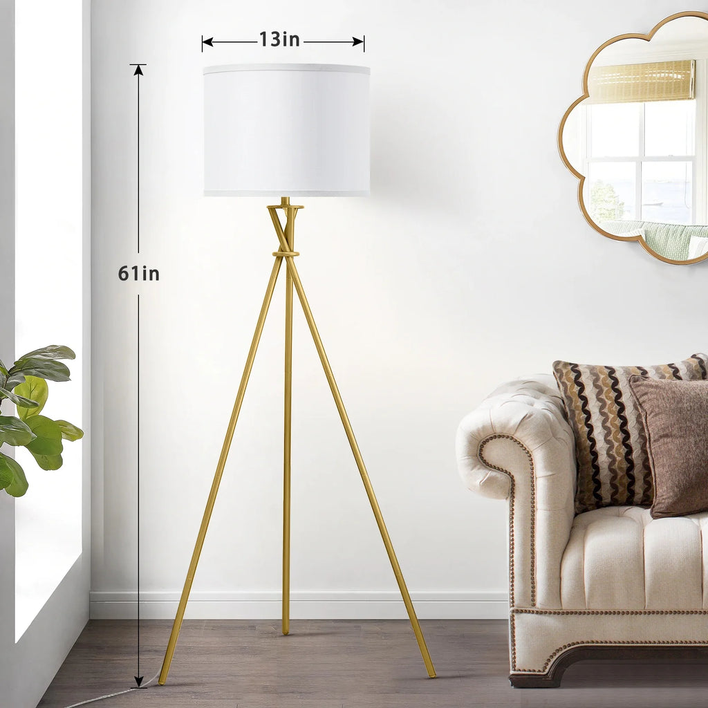 Gold Tripod Floor Lamps for Living Room, Modern Standing Lamp with White Drum Shade & Rotary Switch, Studying Light for Bedroom, Study Room and Office