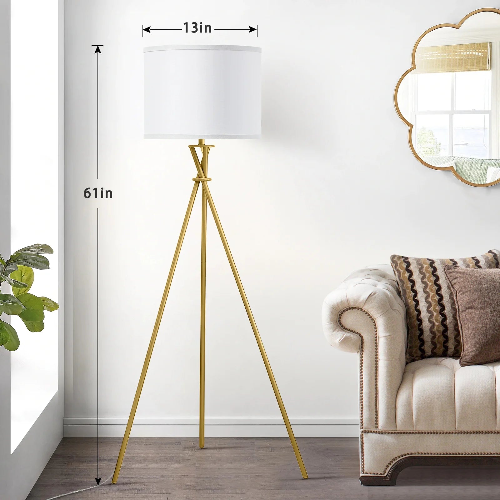 Gold Tripod Floor Lamps for Living Room, Modern Standing Lamp with White Drum Shade & Rotary Switch, Studying Light for Bedroom, Study Room and Office