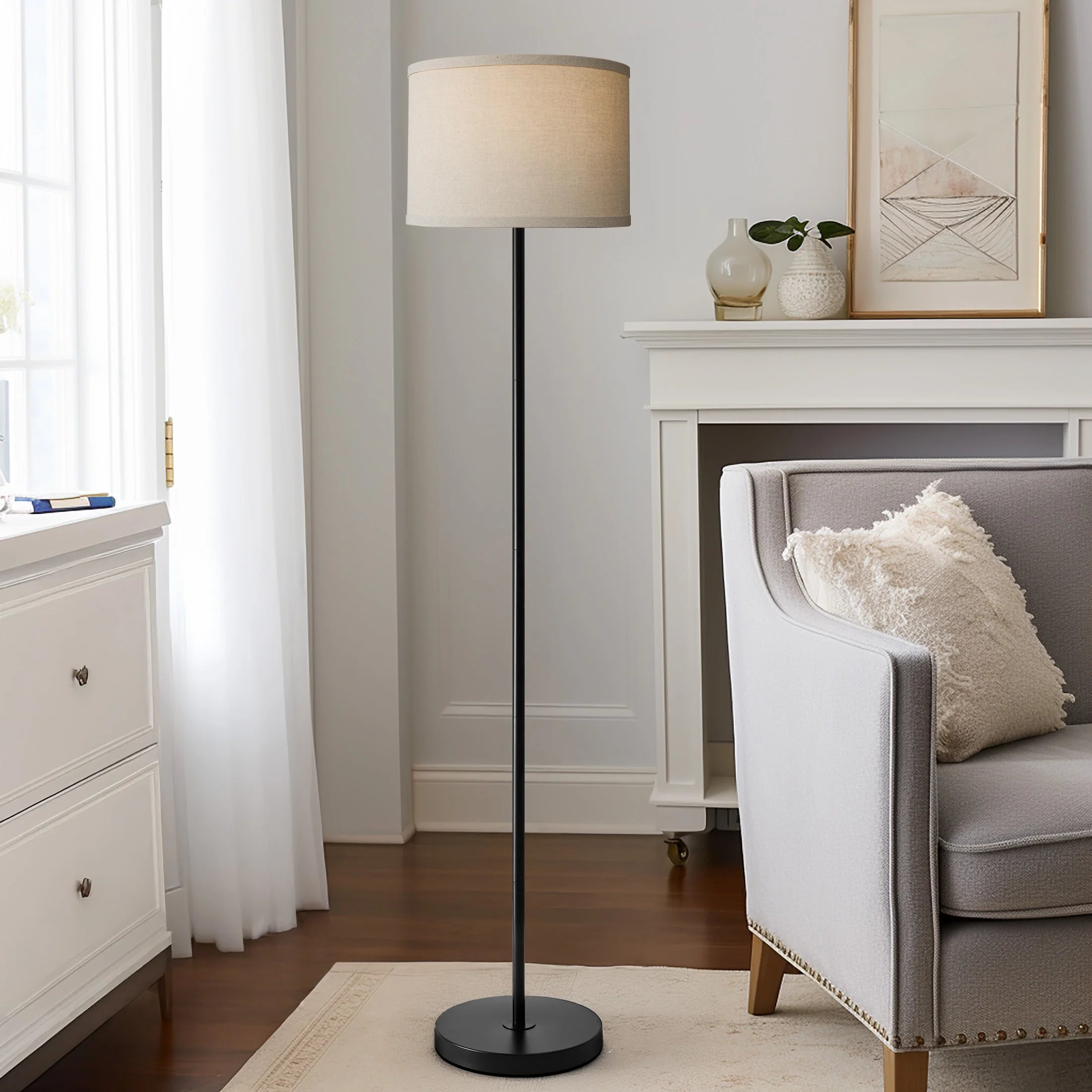 61" Modern Floor Lamp for Living Room with Natural Lamp Shade,Contemporary Tall Standing Lamp for Bedroom, Office,Decor,Lighting