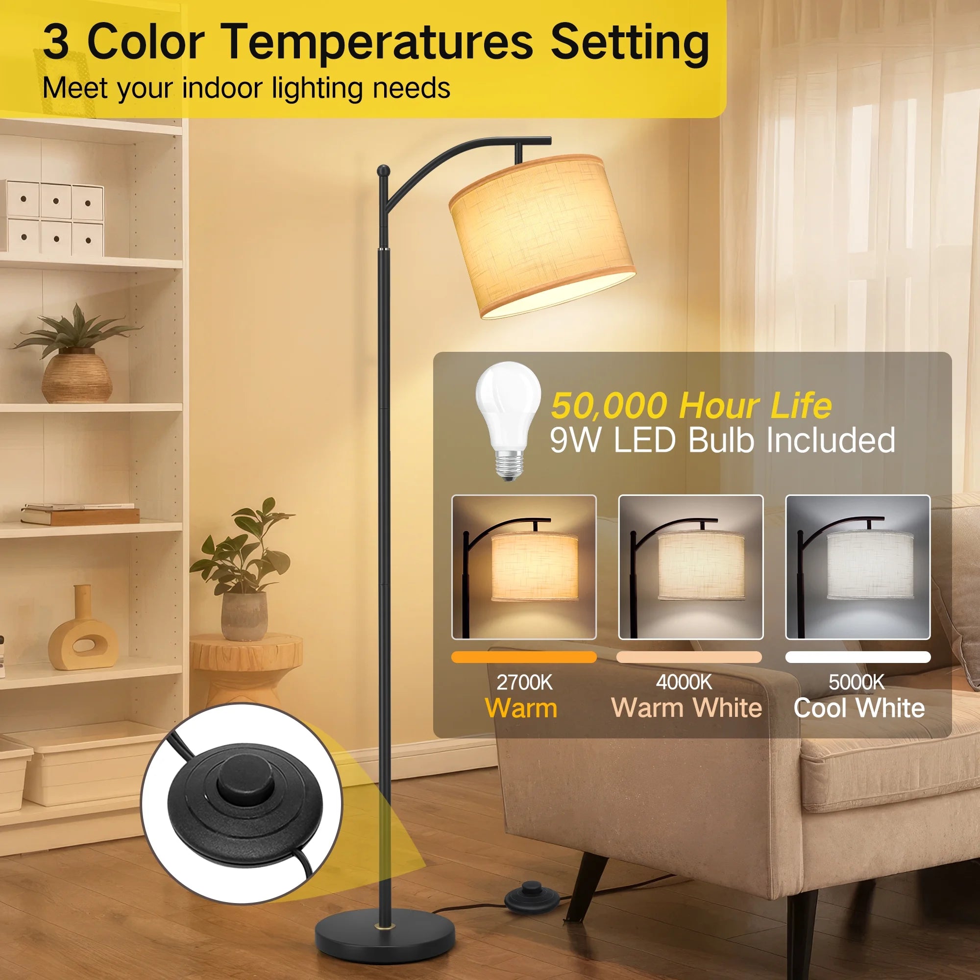 63" Arc Floor Lamp for Living Room, Modern Standing Lamp with Hanging Linen Shade, Metal Floor Lamp with 3 Color Temperatures LED Bulb for Bedroom(Black)