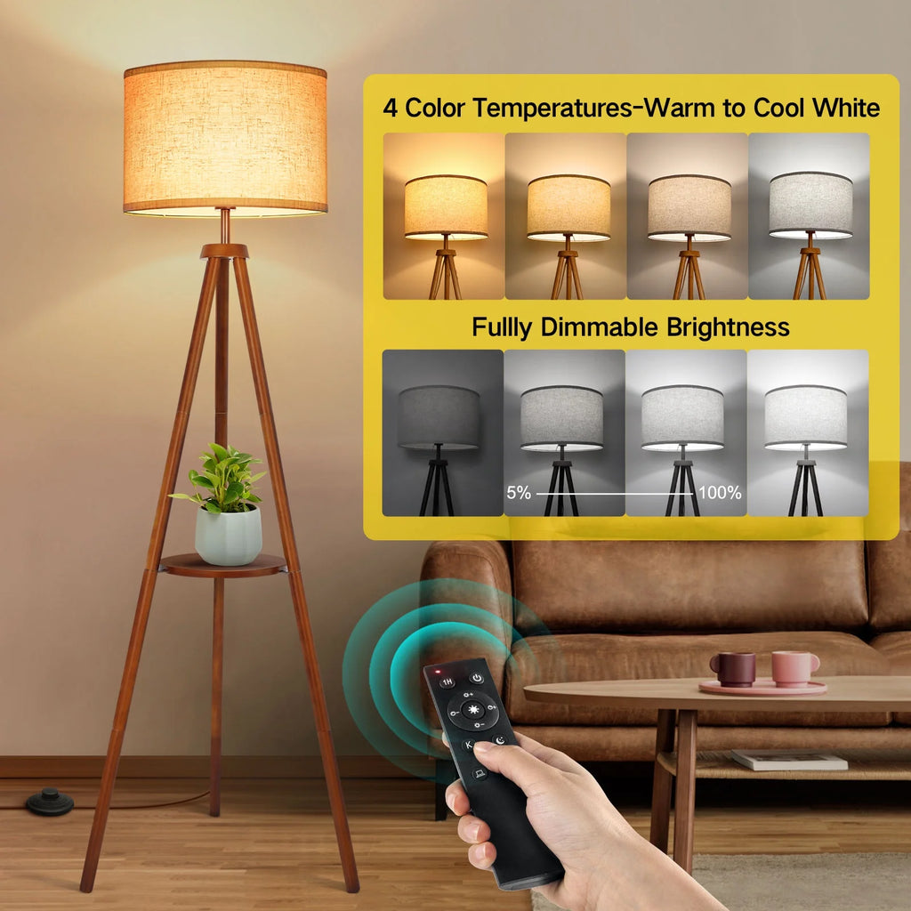63" Wood Tripod Floor Lamp with Shelves, Dimmable Standing Lamps with Remote Control, Modern Shelf Floor Lamp for Living Room, Bedroom, Office, LED Bulbs Included