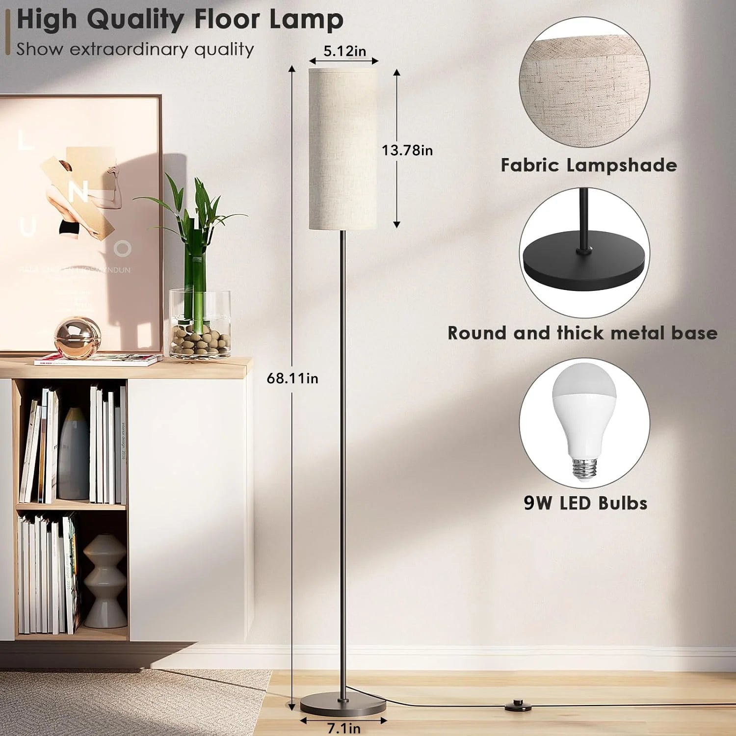 Dimmable Floor Lamp with 3 Color Temperatures, Standing Lamp with LED Bulb Included, Tall Lamp for Living Room, Bedroom, Office