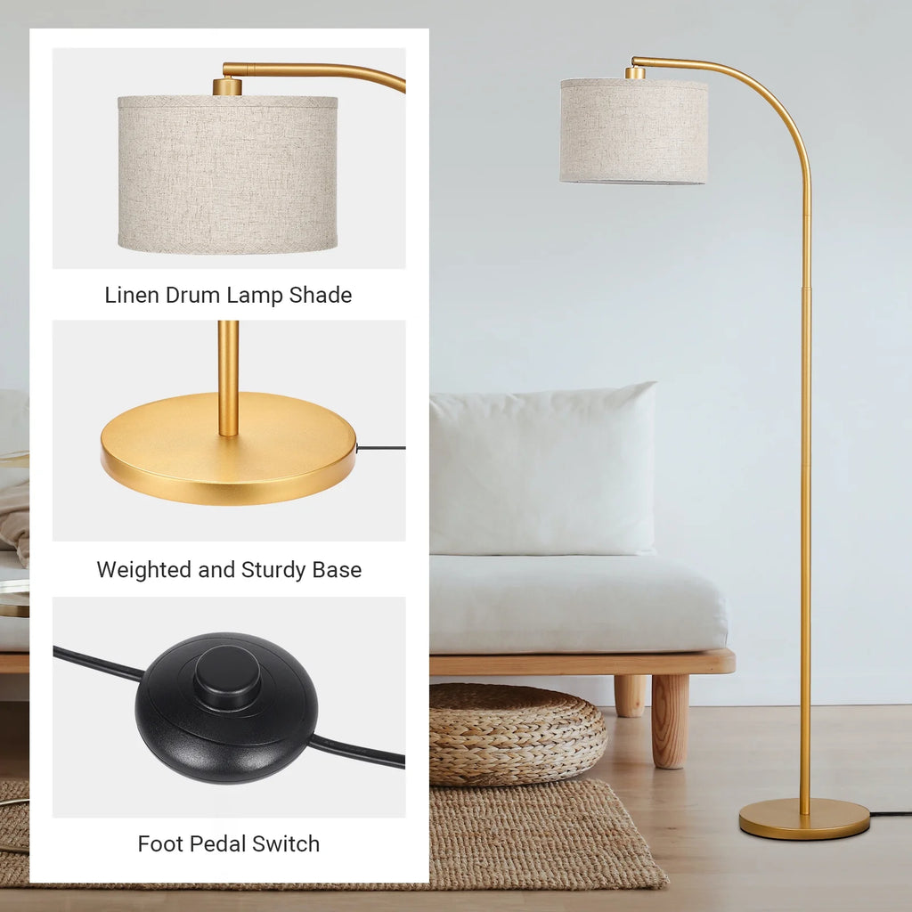 63.4-Inch Modern Arc Gold Floor Lamps for Living Room, Metal Standing Lamp with Foot Switch for Bedroom, Office, Decor, Lighting, Adjustable Lampshade