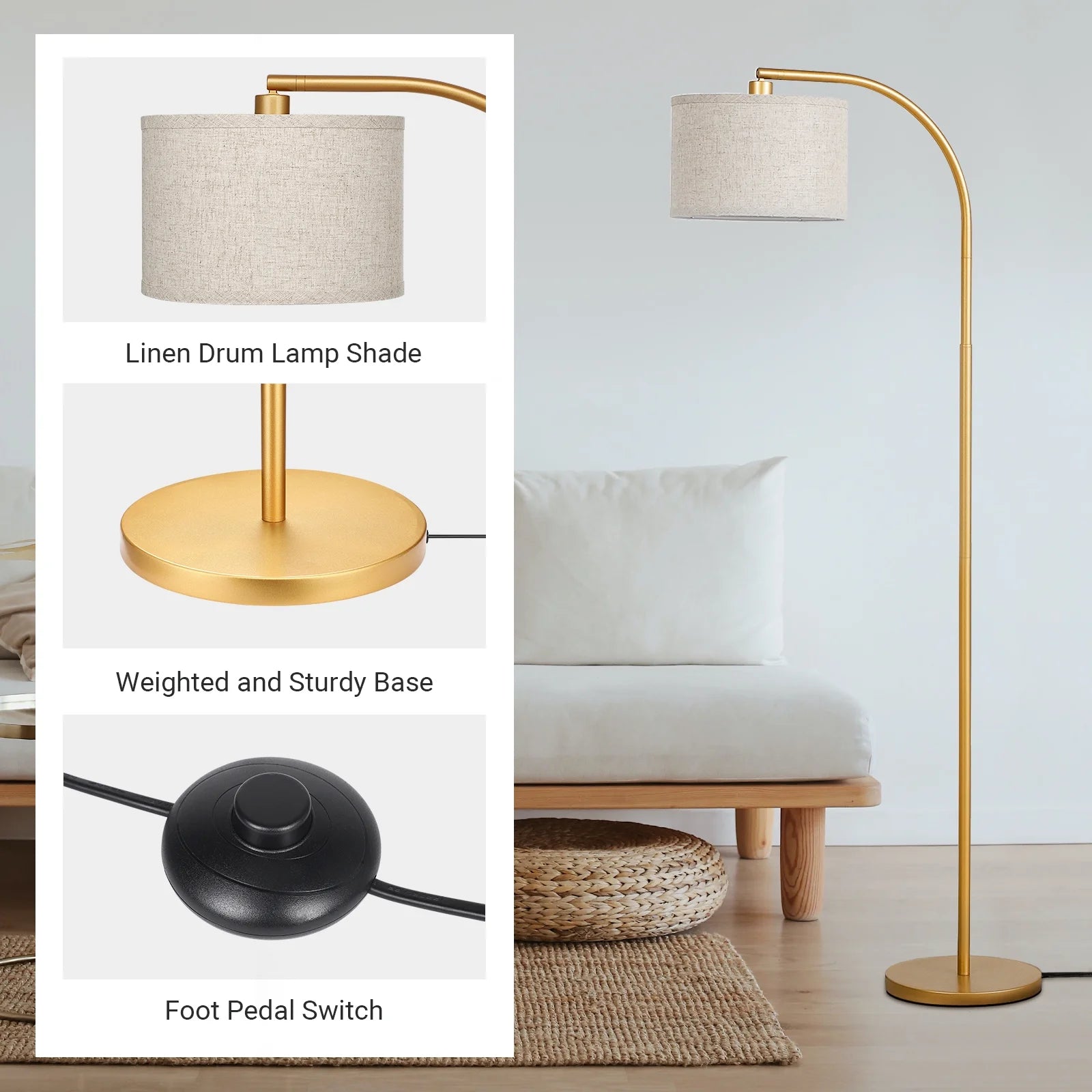 63.4-Inch Modern Arc Gold Floor Lamps for Living Room, Metal Standing Lamp with Foot Switch for Bedroom, Office, Decor, Lighting, Adjustable Lampshade