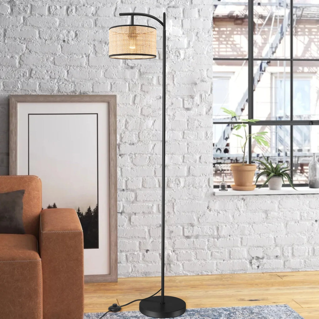 Boho Rattan Floor Lamp, Farmhouse Standing Light with ON/OFF Switch E26 Lights for Bedrooms Living Room