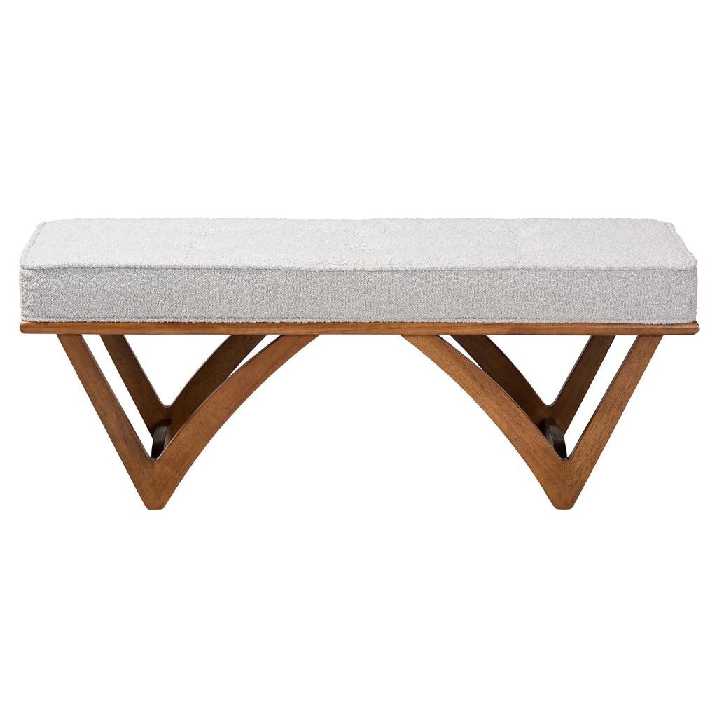 Chenoa Japandi Light Grey Boucle Fabric and Walnut Brown Finished Wood Bench