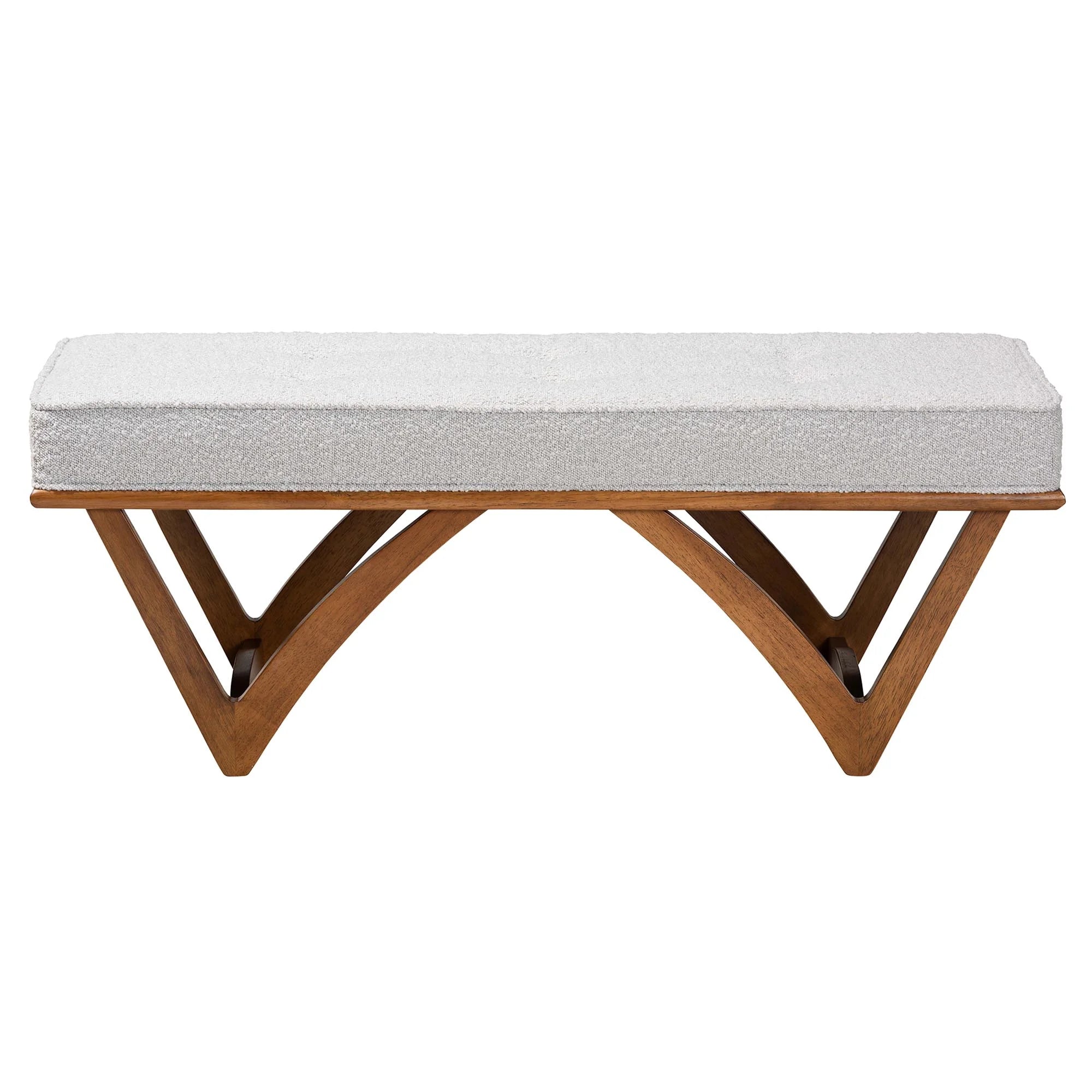 Chenoa Japandi Light Grey Boucle Fabric and Walnut Brown Finished Wood Bench
