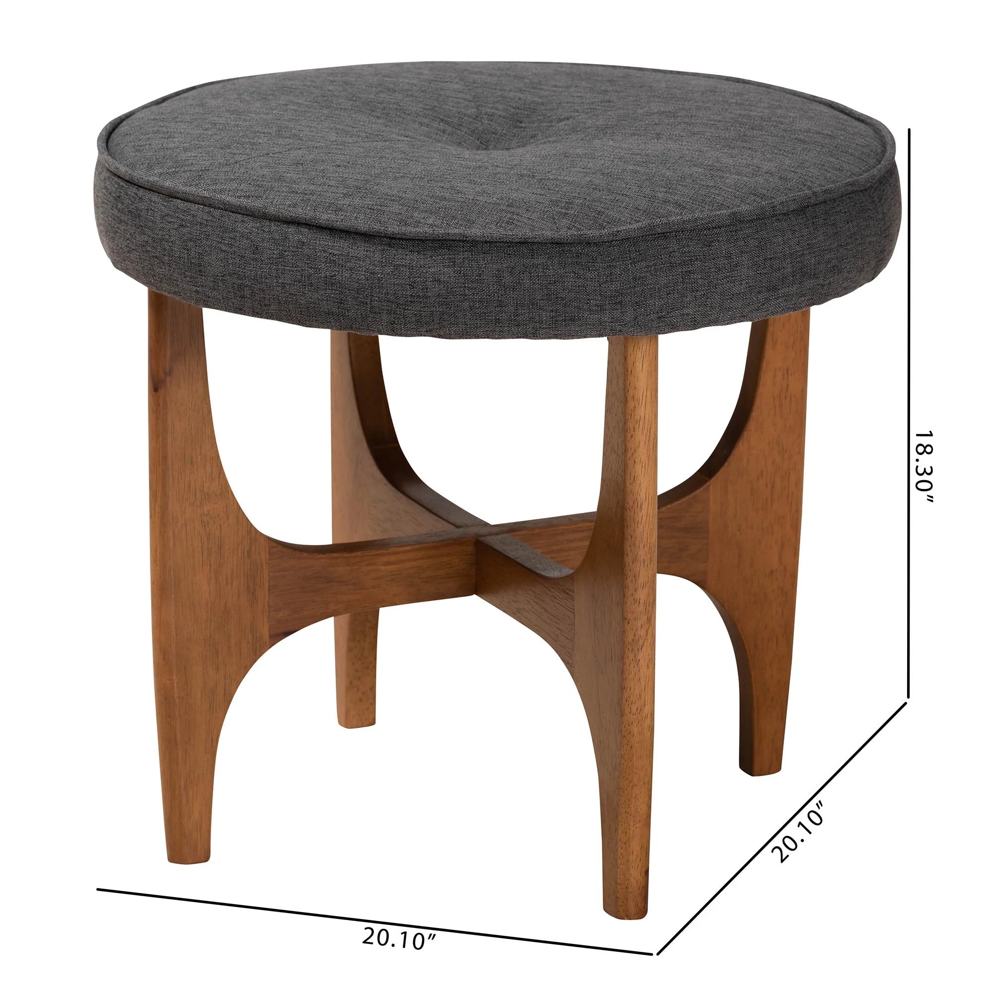 Theo Japandi Greyish Beige Fabric and Walnut Brown Finished Wood Ottoman Footstool