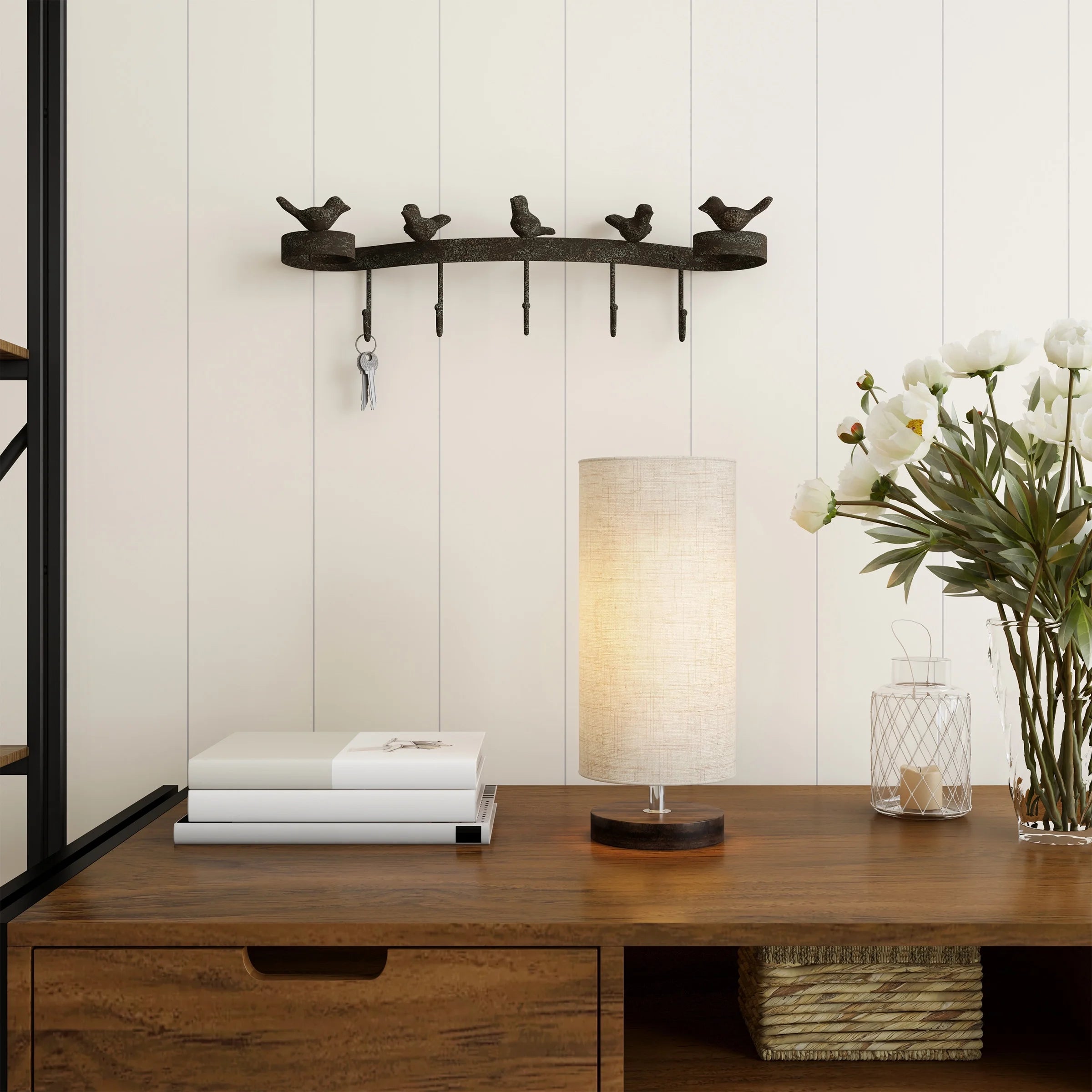 Cylinder Lamp with Wood Base-Modern Light with LED Bulb Included Adjustable Height