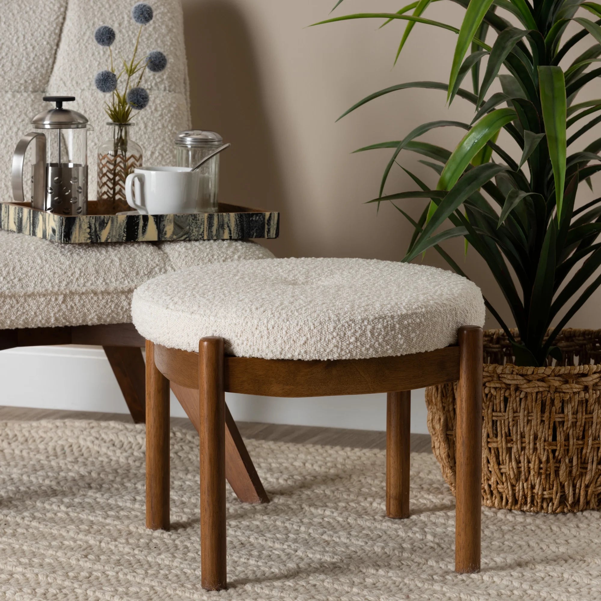Iliana Japandi Cream Boucle Fabric and Walnut Brown Finished Rubberwood Ottoman Footstool