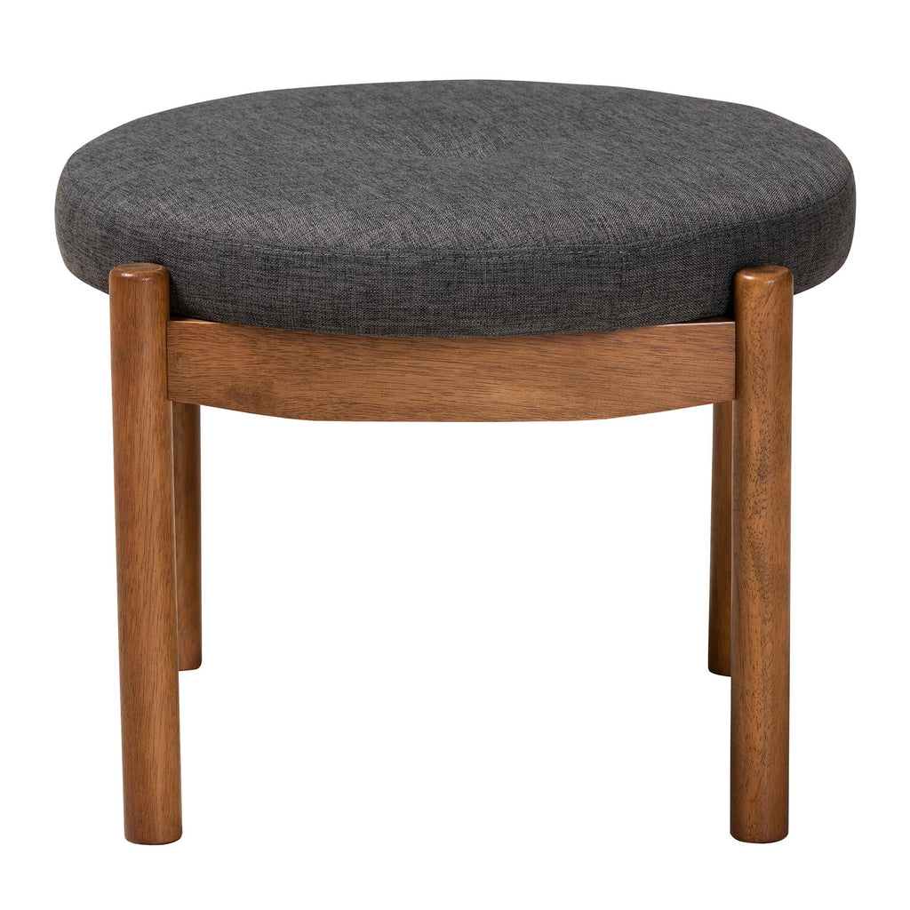 Iliana Japandi Dark Grey Fabric and Walnut Brown Finished Wood Ottoman Footstool