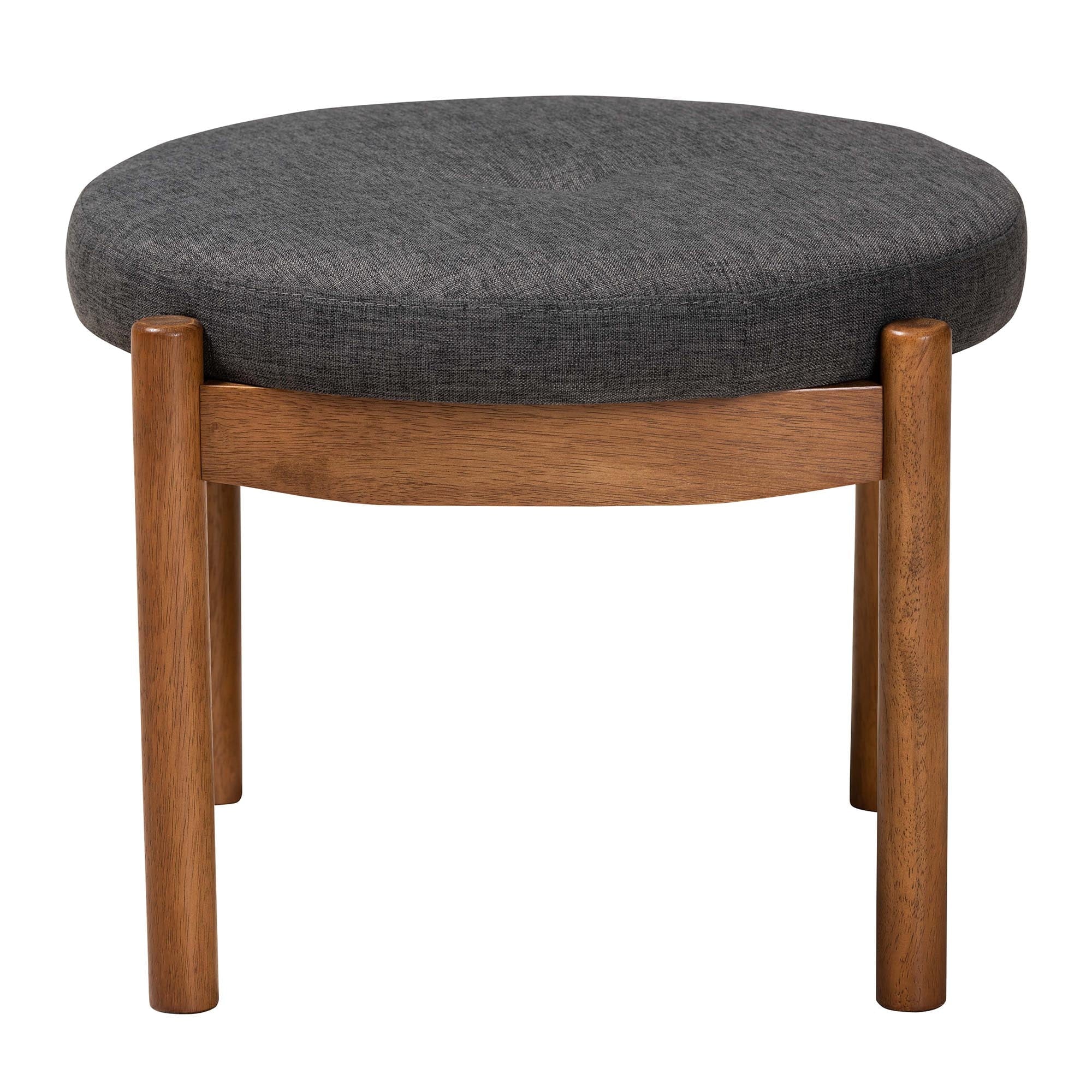 Iliana Japandi Dark Grey Fabric and Walnut Brown Finished Wood Ottoman Footstool