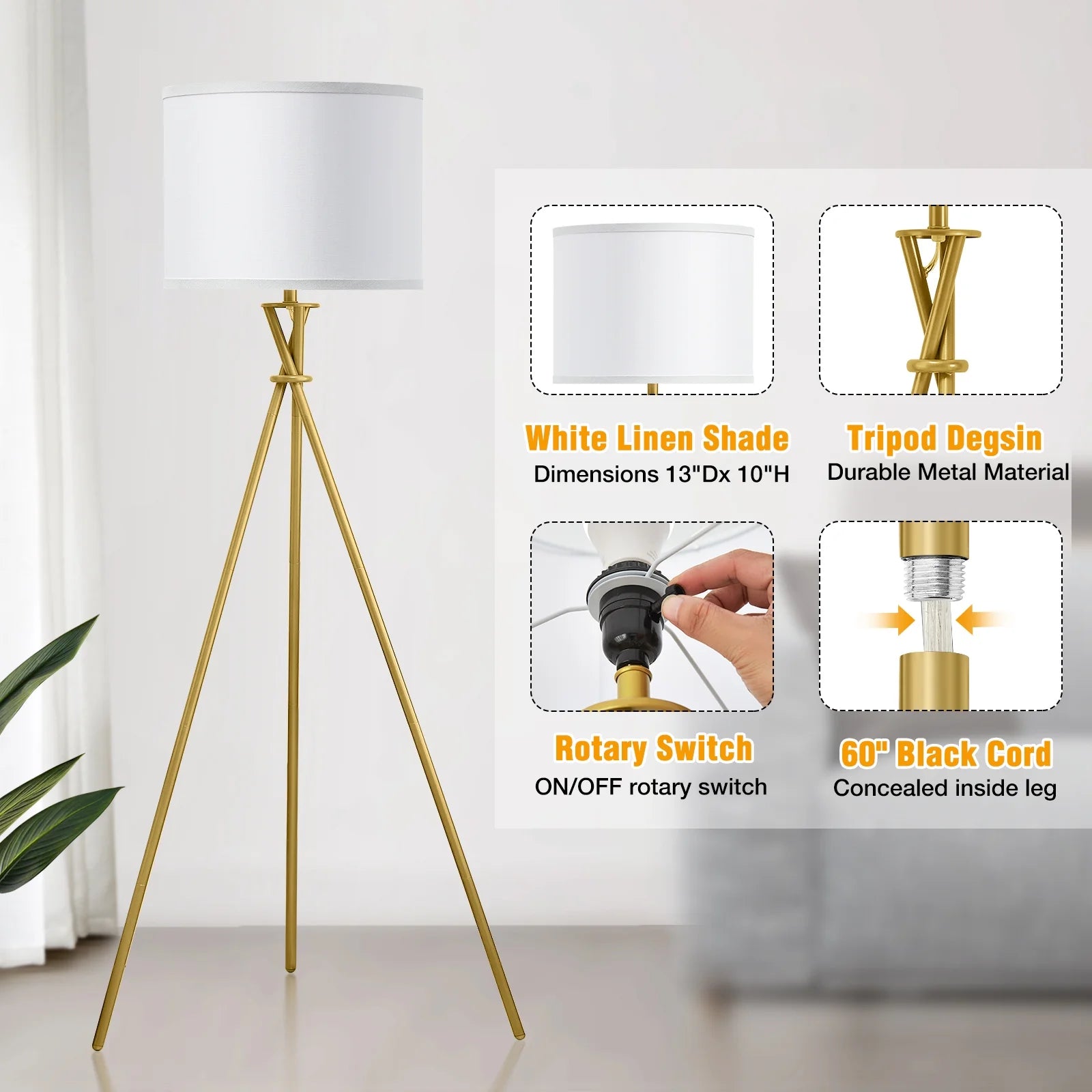 Gold Tripod Floor Lamps for Living Room, Modern Standing Lamp with White Drum Shade & Rotary Switch, Studying Light for Bedroom, Study Room and Office