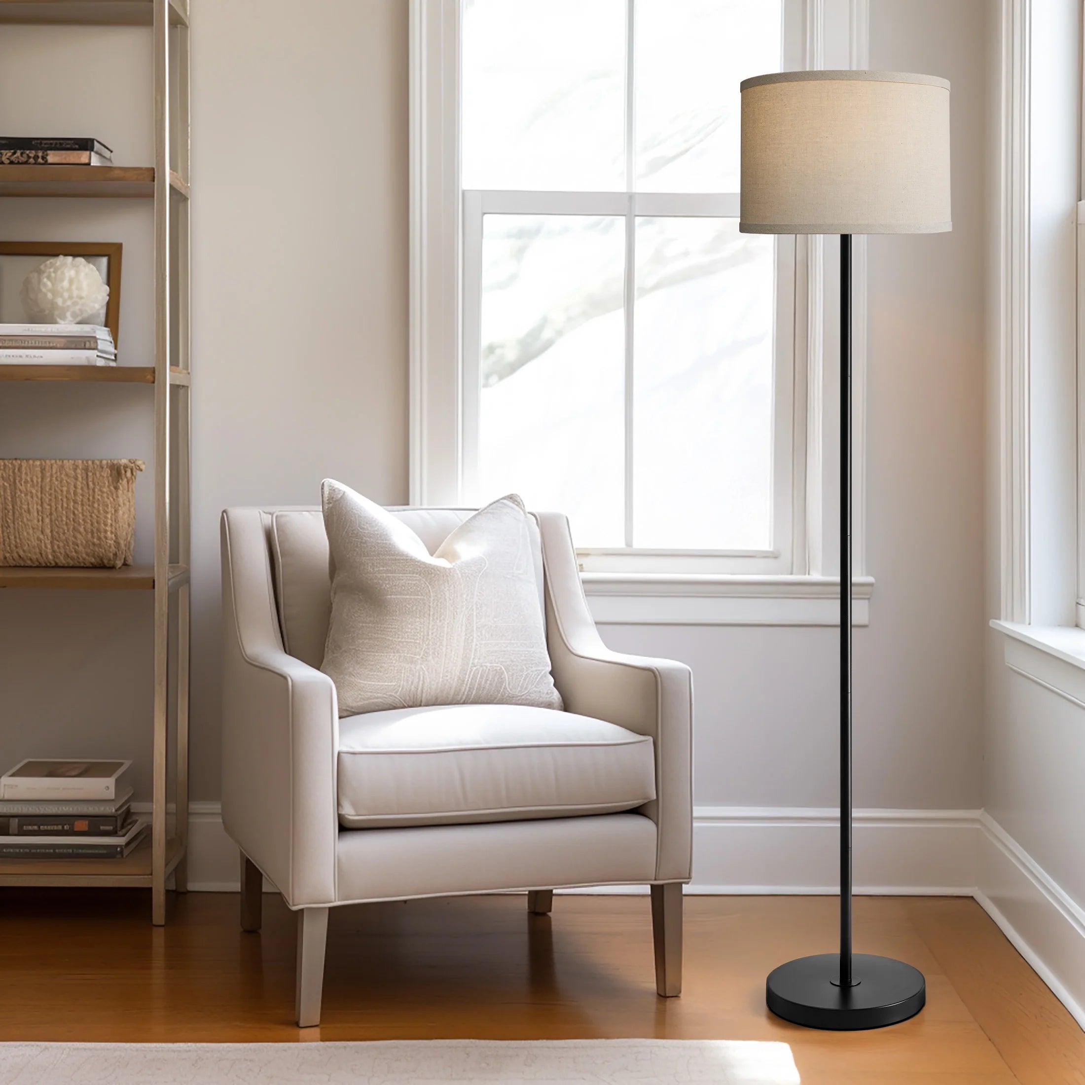 61" Modern Floor Lamp for Living Room with Natural Lamp Shade,Contemporary Tall Standing Lamp for Bedroom, Office,Decor,Lighting