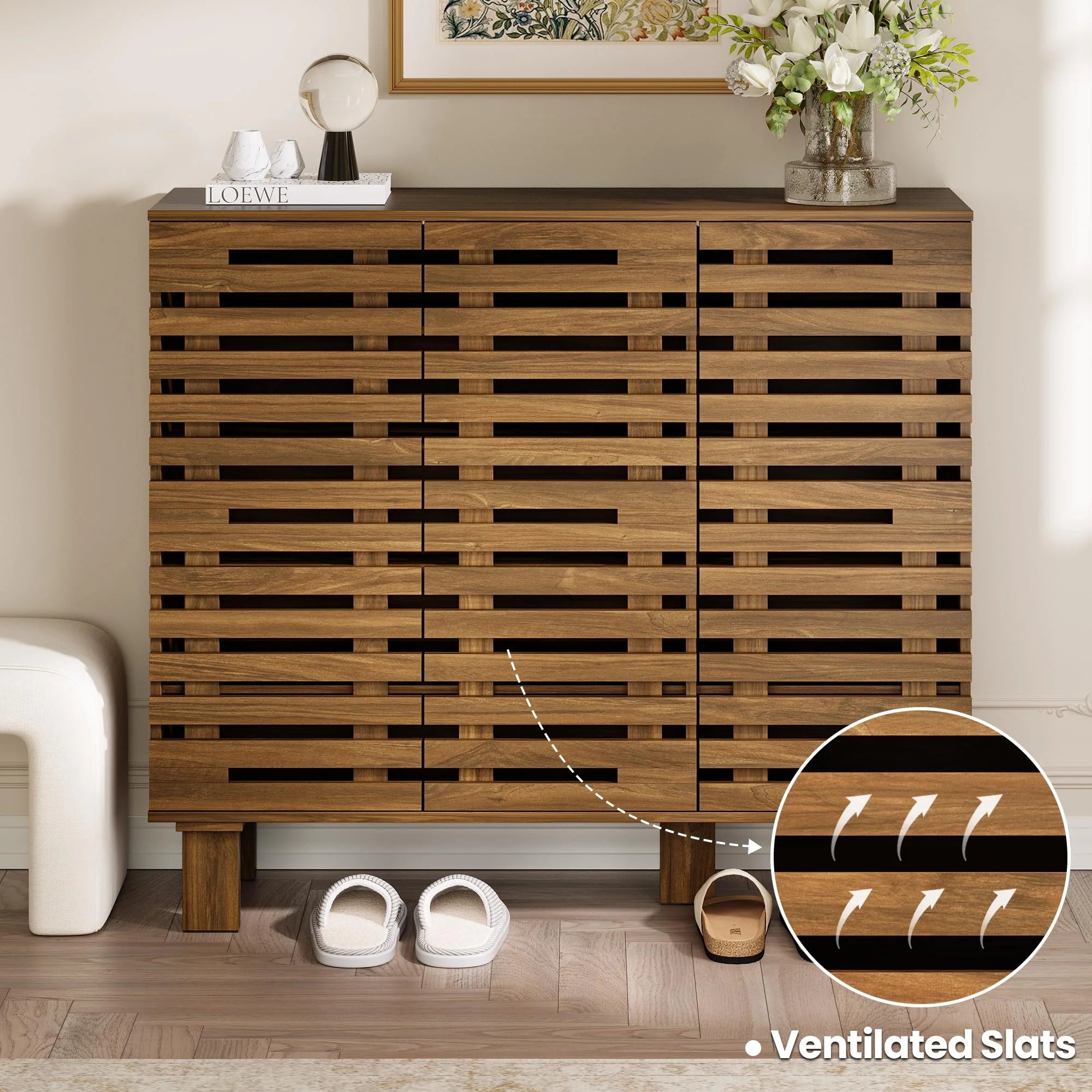 47" Wide Shoe Cabinet with Drawers and Adjustable Shelves, Entryway Shoe Storage Organizer with Louvered Doors, Japandi Brutalist Walnut Grid Design, Fits 20–24 Pairs