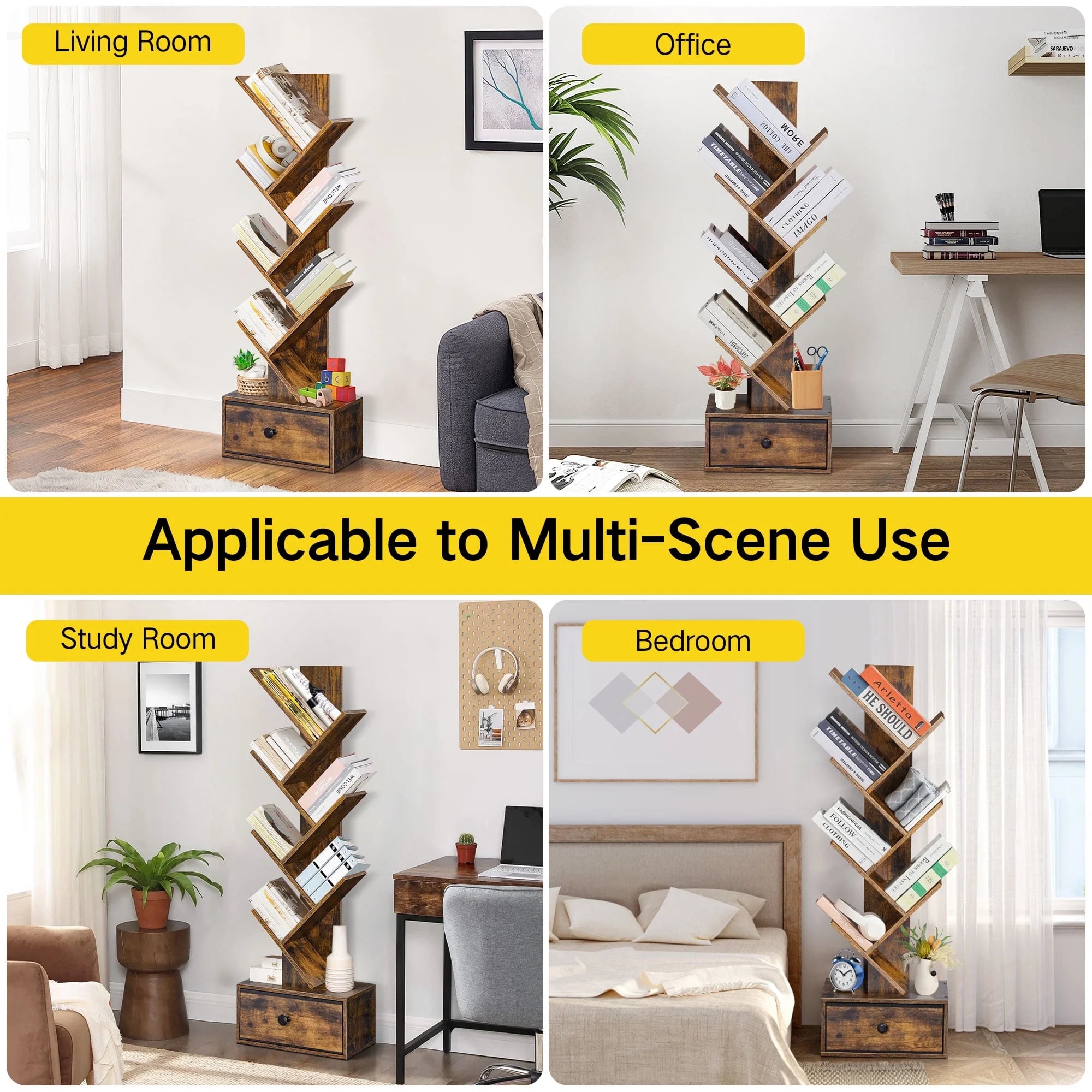 Tree Bookcase, 6-Tier Floor Standing Bookshelf with Drawer for Living Room Bedroom, Office