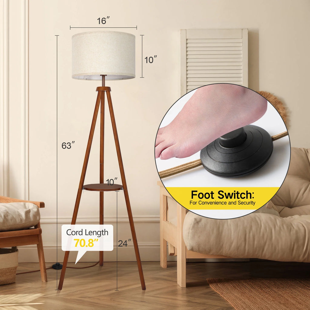 63" Wood Tripod Floor Lamp with Shelves, Dimmable Standing Lamps with Remote Control, Modern Shelf Floor Lamp for Living Room, Bedroom, Office, LED Bulbs Included