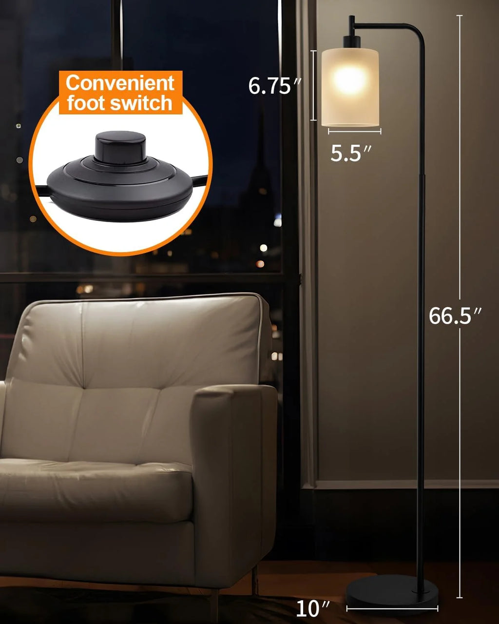 66.5" Arc Floor Lamp with Foot Switch, Black Metal Standing Lamp with Glass Shade for Bedroom, Living Room, Office(Bulb Included)
