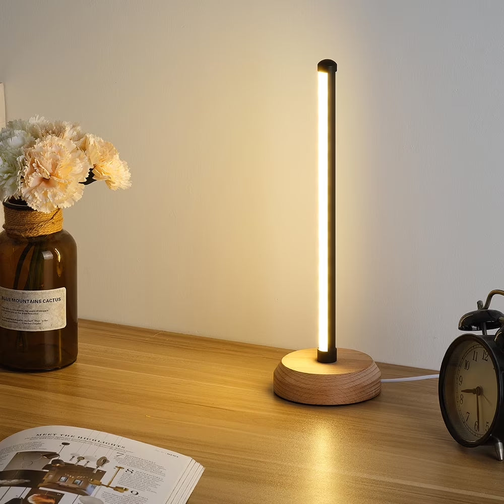 Simple Designs, Wood Base Mini Table Lamp, 13.4" H,Black,3-Color Temperature