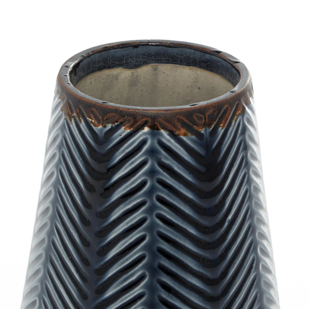 11", 8"H Handmade Chevron Dark Blue Ceramic Vase, Set of 2