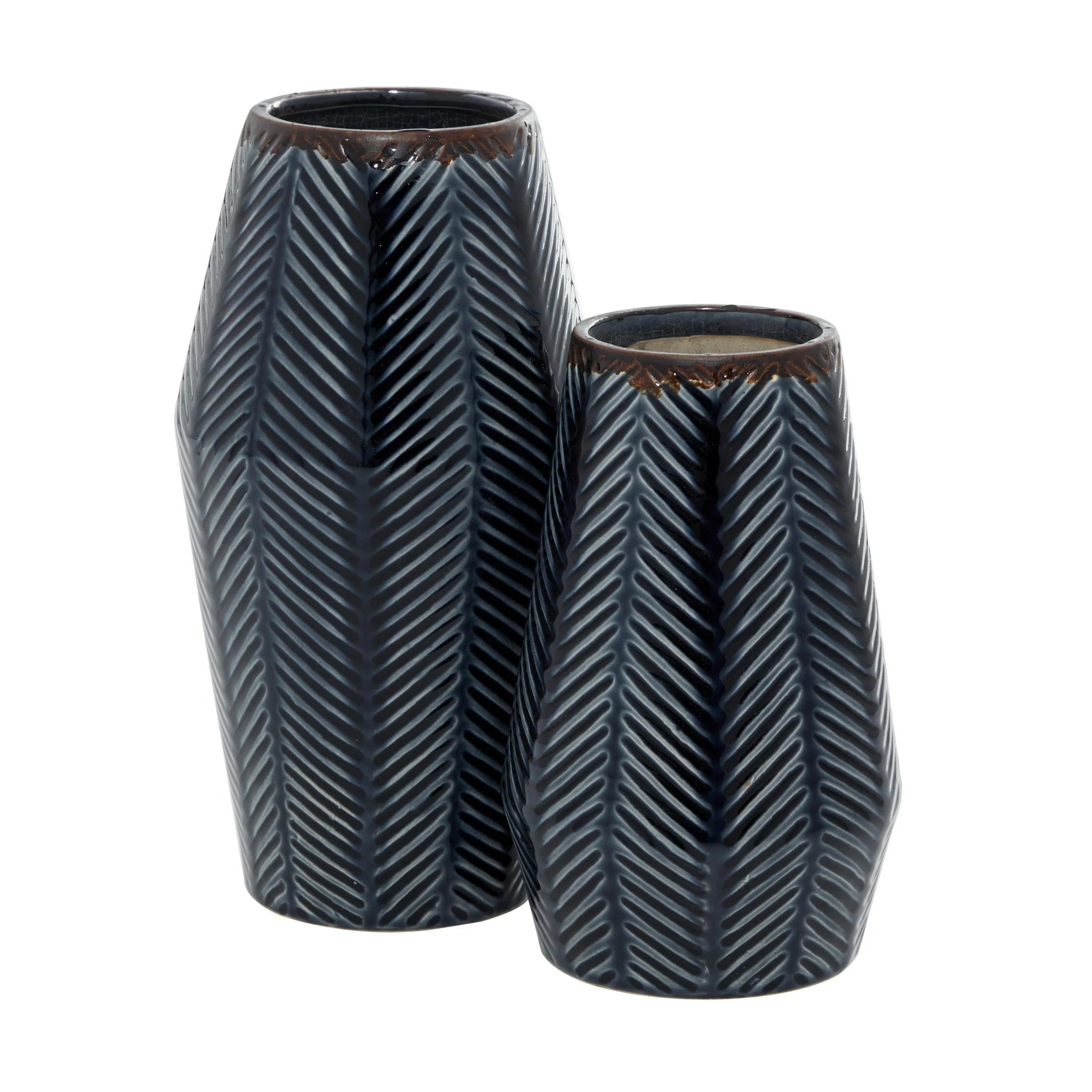 11", 8"H Handmade Chevron Dark Blue Ceramic Vase, Set of 2