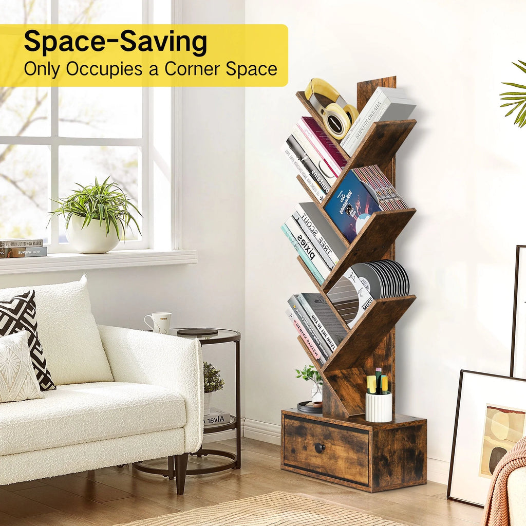 Tree Bookcase, 6-Tier Floor Standing Bookshelf with Drawer for Living Room Bedroom, Office