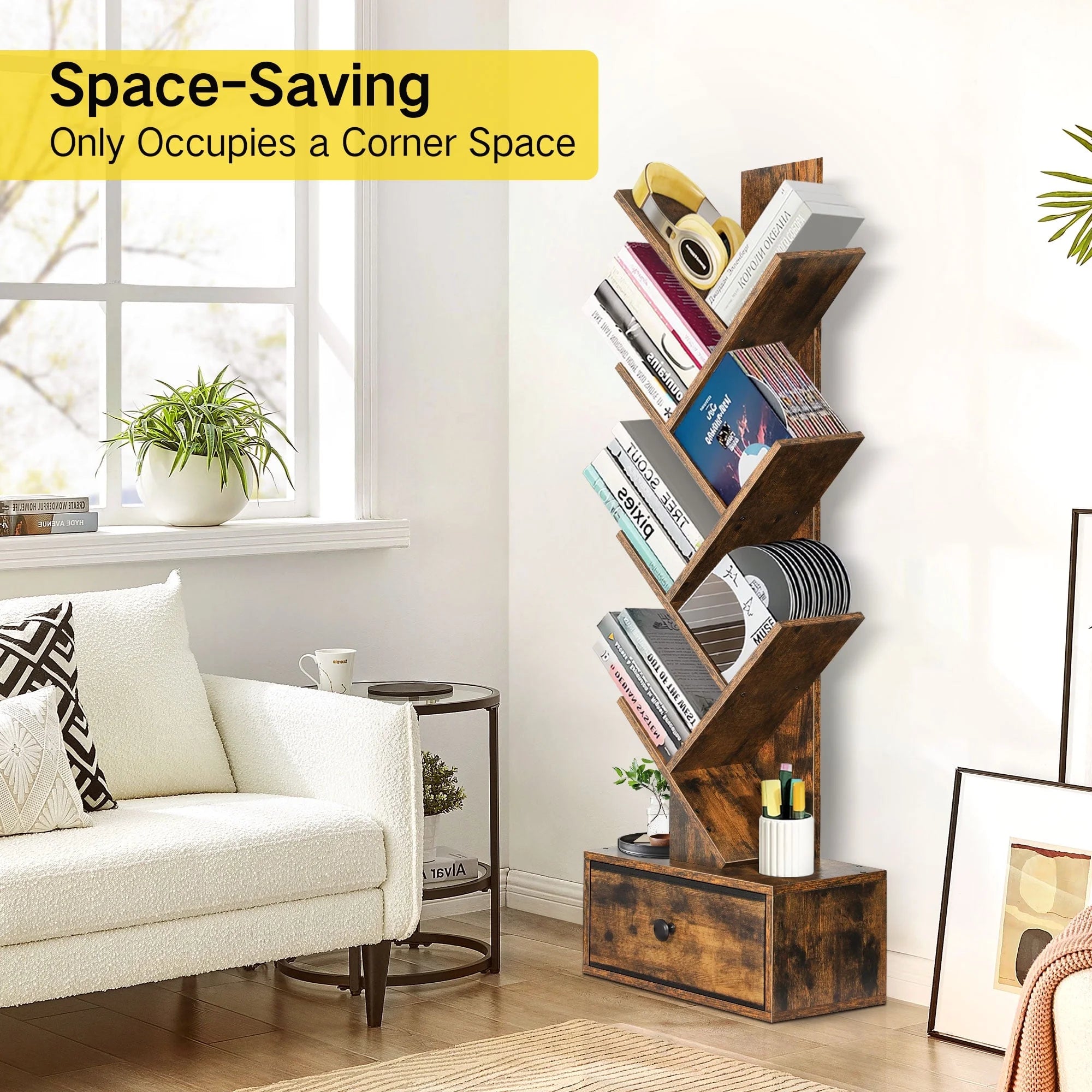 Tree Bookcase, 6-Tier Floor Standing Bookshelf with Drawer for Living Room Bedroom, Office