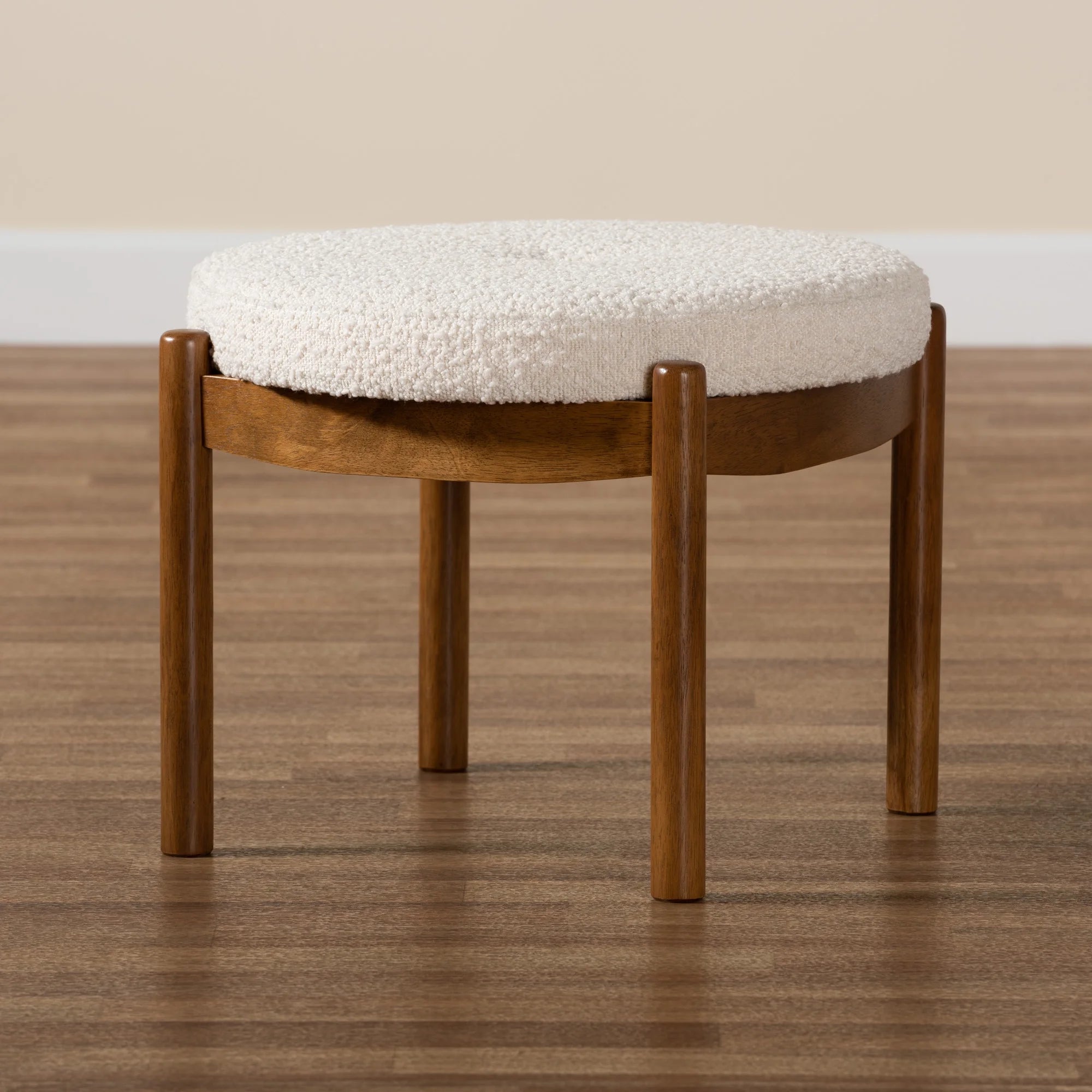 Iliana Japandi Cream Boucle Fabric and Walnut Brown Finished Rubberwood Ottoman Footstool