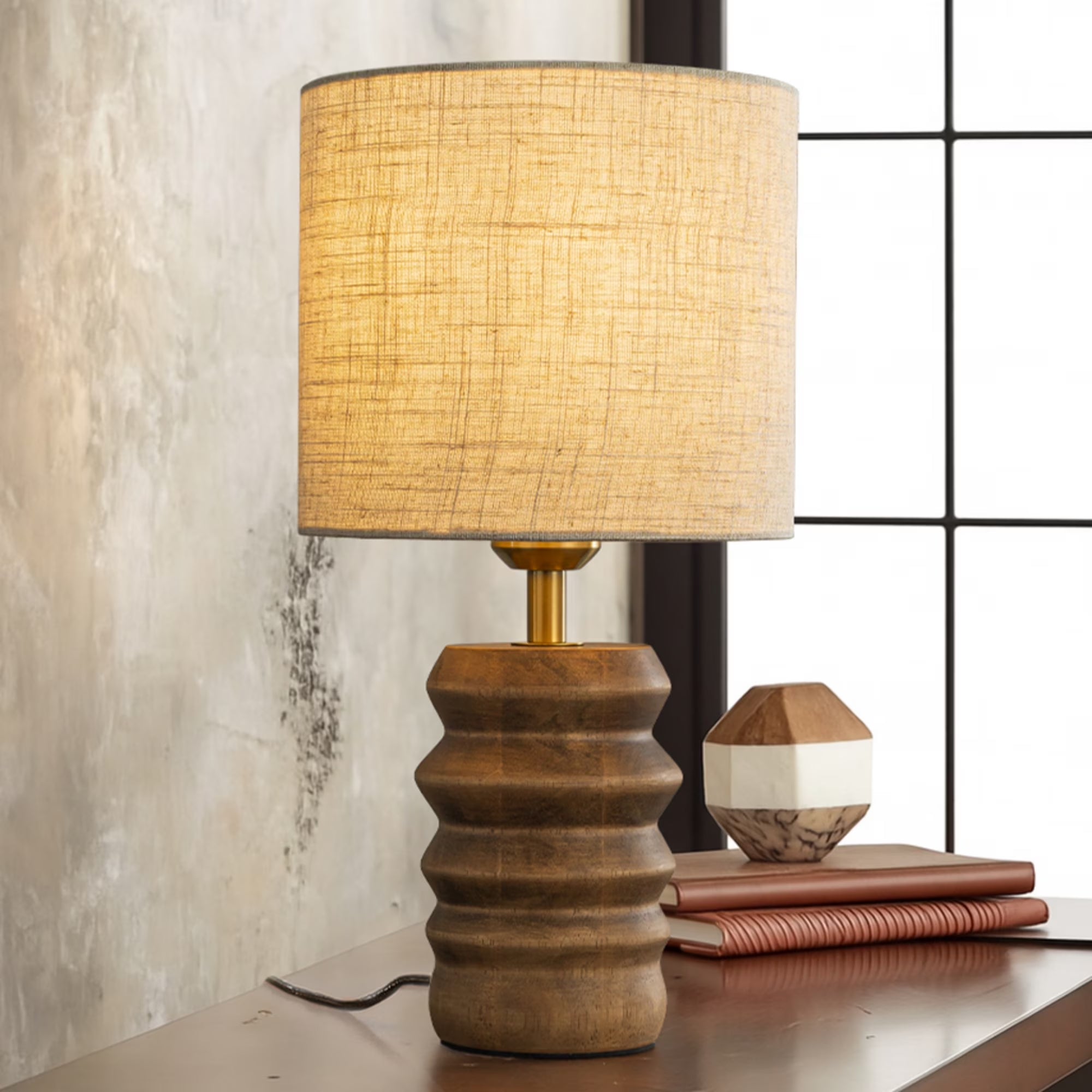 15'' Japandi Solid Wood Base Table Lamp Modern Classic Nightstand Lamp with Beige Fabric Shade for Bedside Foyer Dining Room