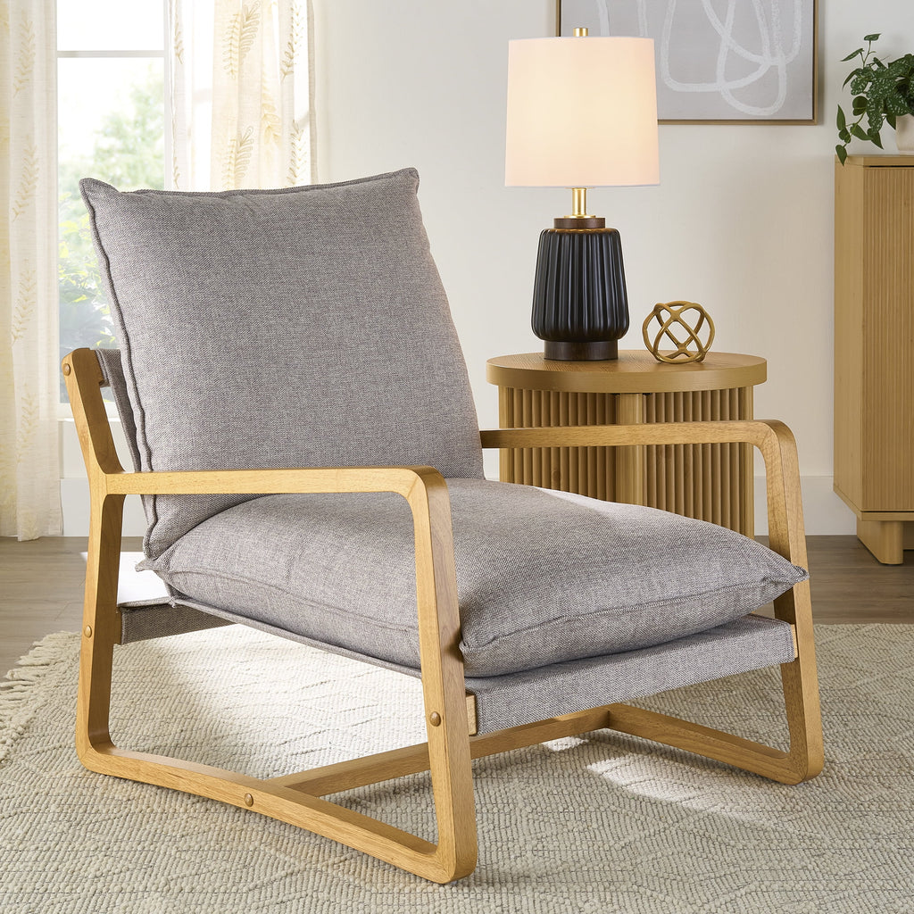 Wooden Ezra Sling Accent Chair, Gray Linen