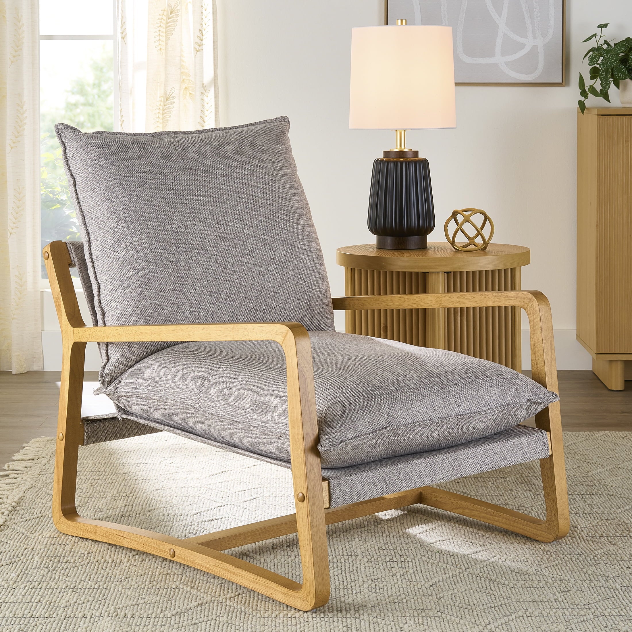 Wooden Ezra Sling Accent Chair, Gray Linen
