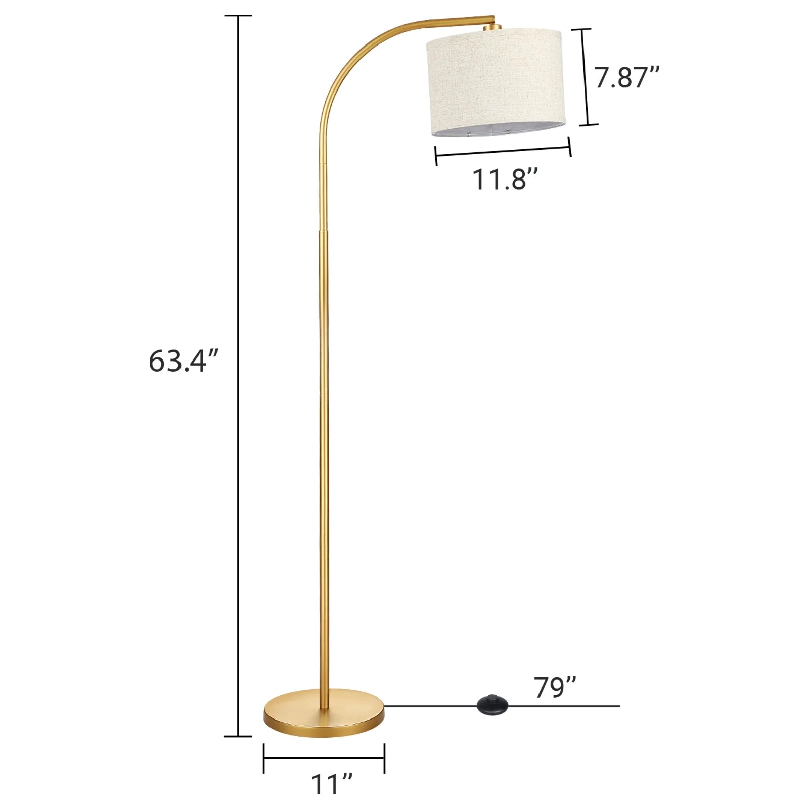 63.4-Inch Modern Arc Gold Floor Lamps for Living Room, Metal Standing Lamp with Foot Switch for Bedroom, Office, Decor, Lighting, Adjustable Lampshade