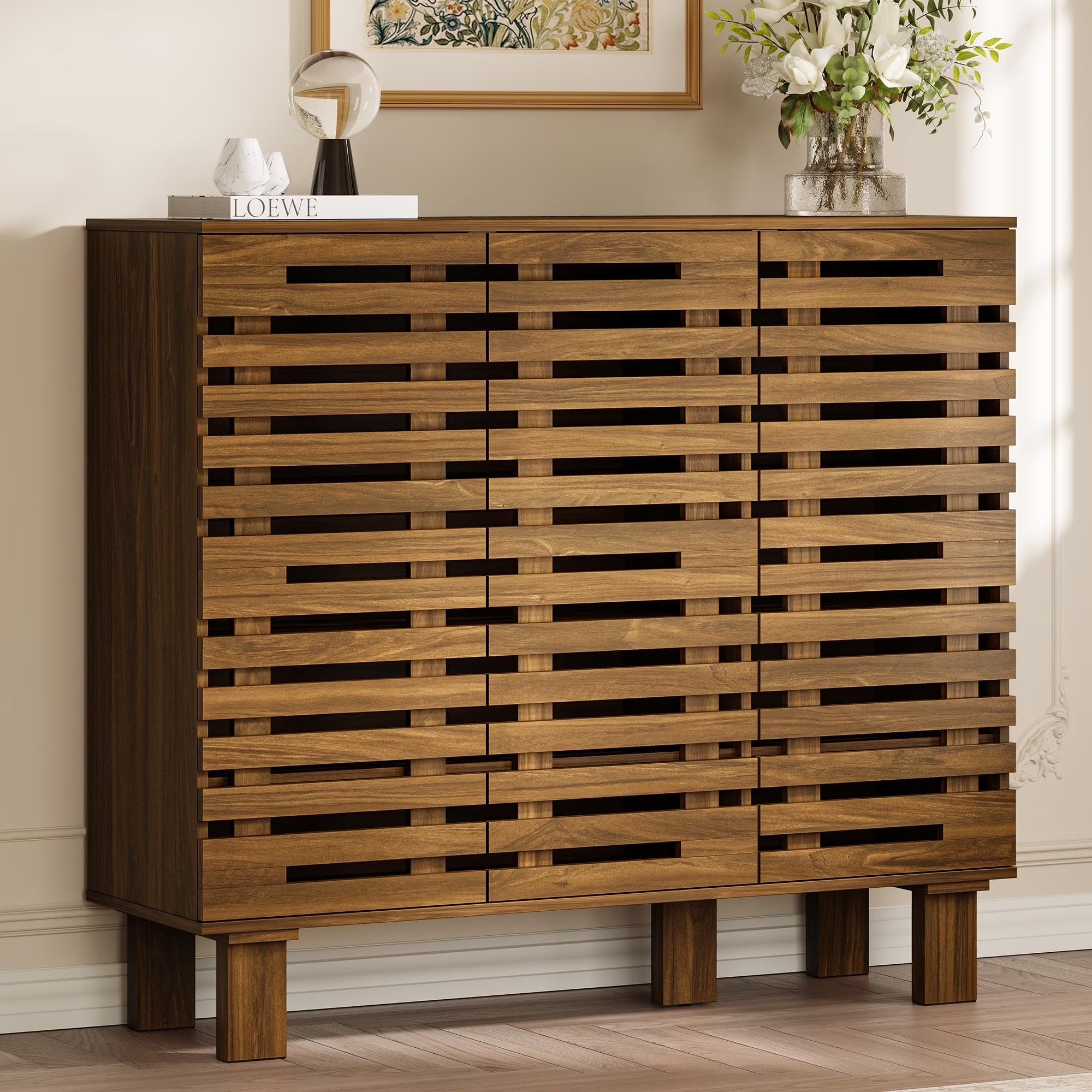 47" Wide Shoe Cabinet with Drawers and Adjustable Shelves, Entryway Shoe Storage Organizer with Louvered Doors, Japandi Brutalist Walnut Grid Design, Fits 20–24 Pairs