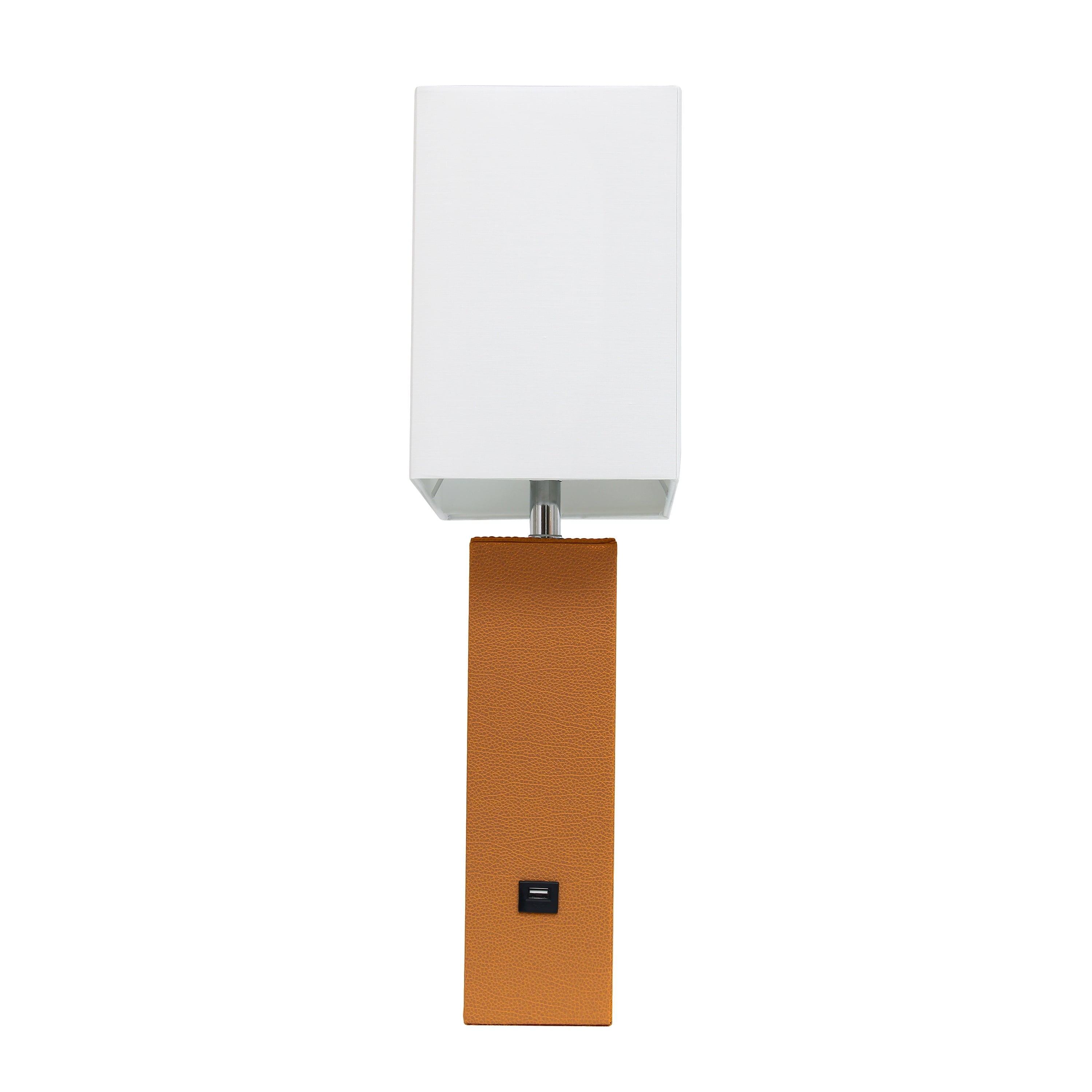 Modern Leather Table Lamp with USB and White Fabric Shade