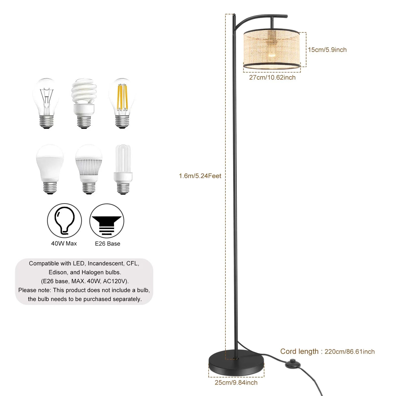 Boho Rattan Floor Lamp, Farmhouse Standing Light with ON/OFF Switch E26 Lights for Bedrooms Living Room