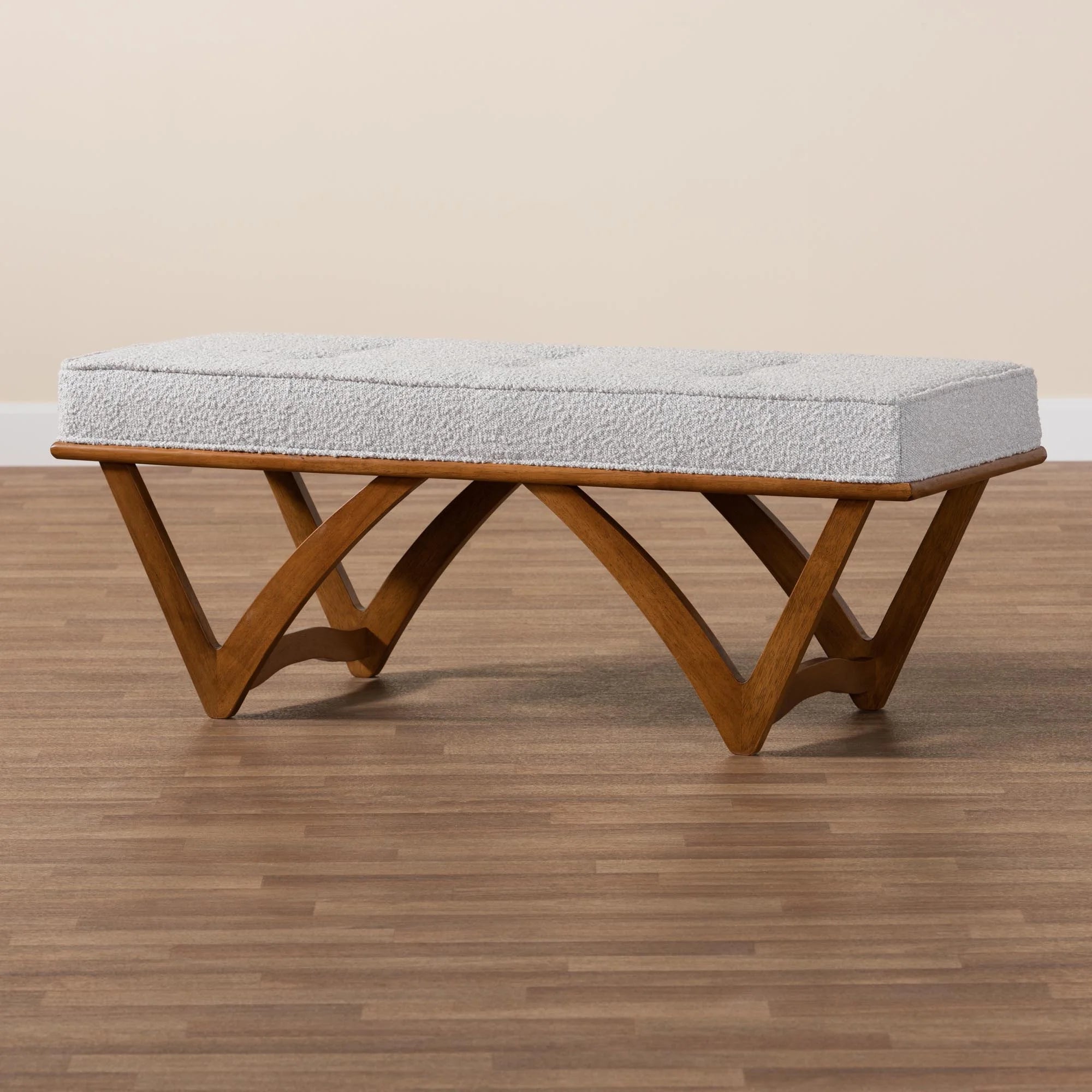 Chenoa Japandi Light Grey Boucle Fabric and Walnut Brown Finished Wood Bench