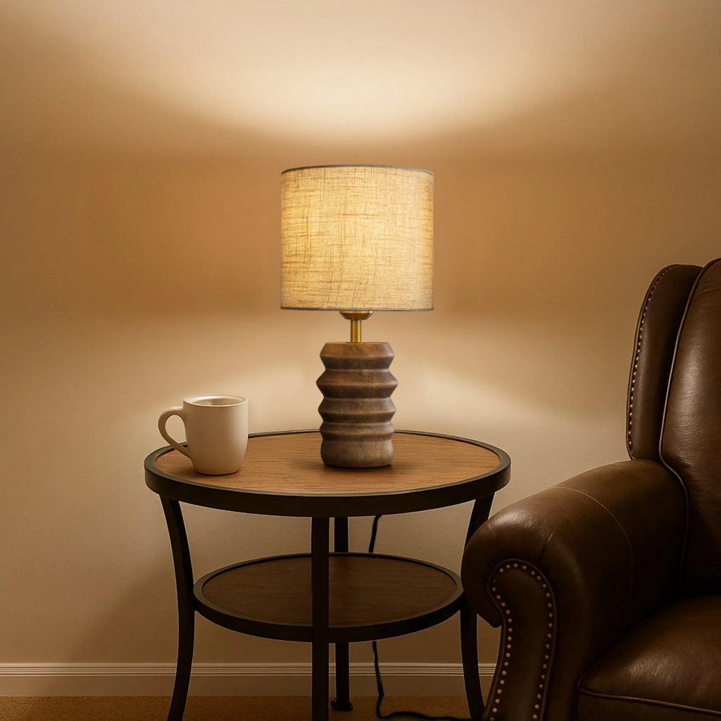 15'' Japandi Solid Wood Base Table Lamp Modern Classic Nightstand Lamp with Beige Fabric Shade for Bedside Foyer Dining Room