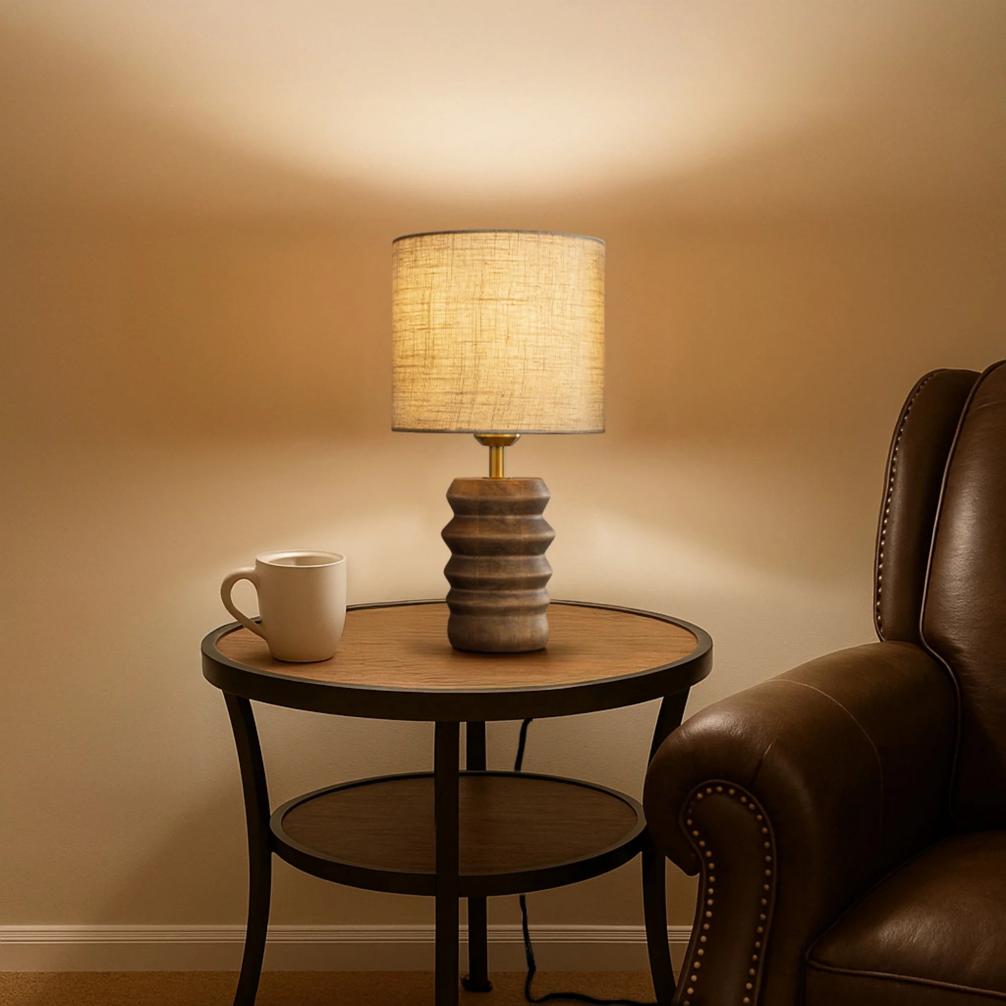 15'' Japandi Solid Wood Base Table Lamp Modern Classic Nightstand Lamp with Beige Fabric Shade for Bedside Foyer Dining Room