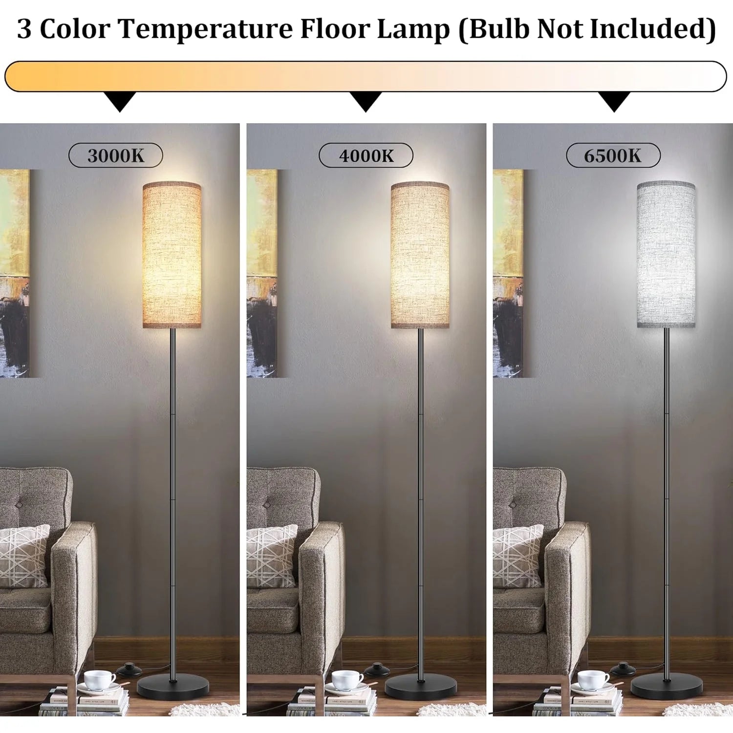 Dimmable Floor Lamp with 3 Color Temperatures, Standing Lamp with LED Bulb Included, Tall Lamp for Living Room, Bedroom, Office