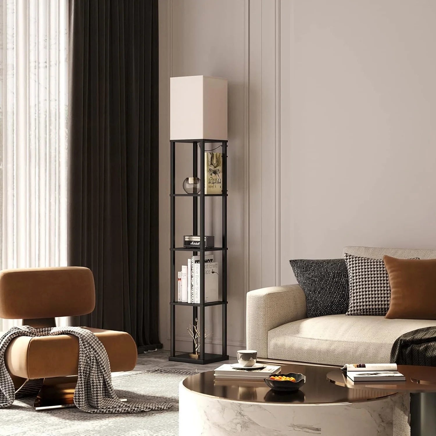 63" Floor Lamp with Shelves: Lamp for Living Room with 3 Adjustable Color Temperatures, Display Bookshelf for Home, Bedroom, Study - Black (Bulb Included)