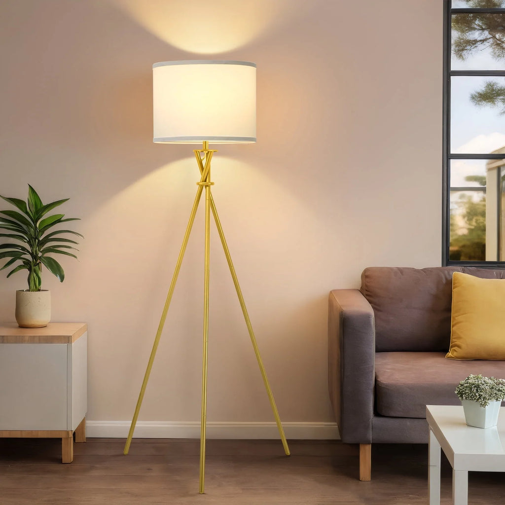 Gold Tripod Floor Lamps for Living Room, Modern Standing Lamp with White Drum Shade & Rotary Switch, Studying Light for Bedroom, Study Room and Office