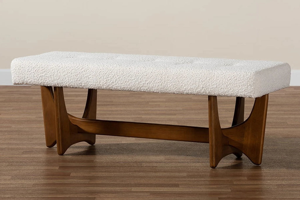 Theo Japandi Cream Boucle Fabric and Walnut Brown Finished Wood Bench