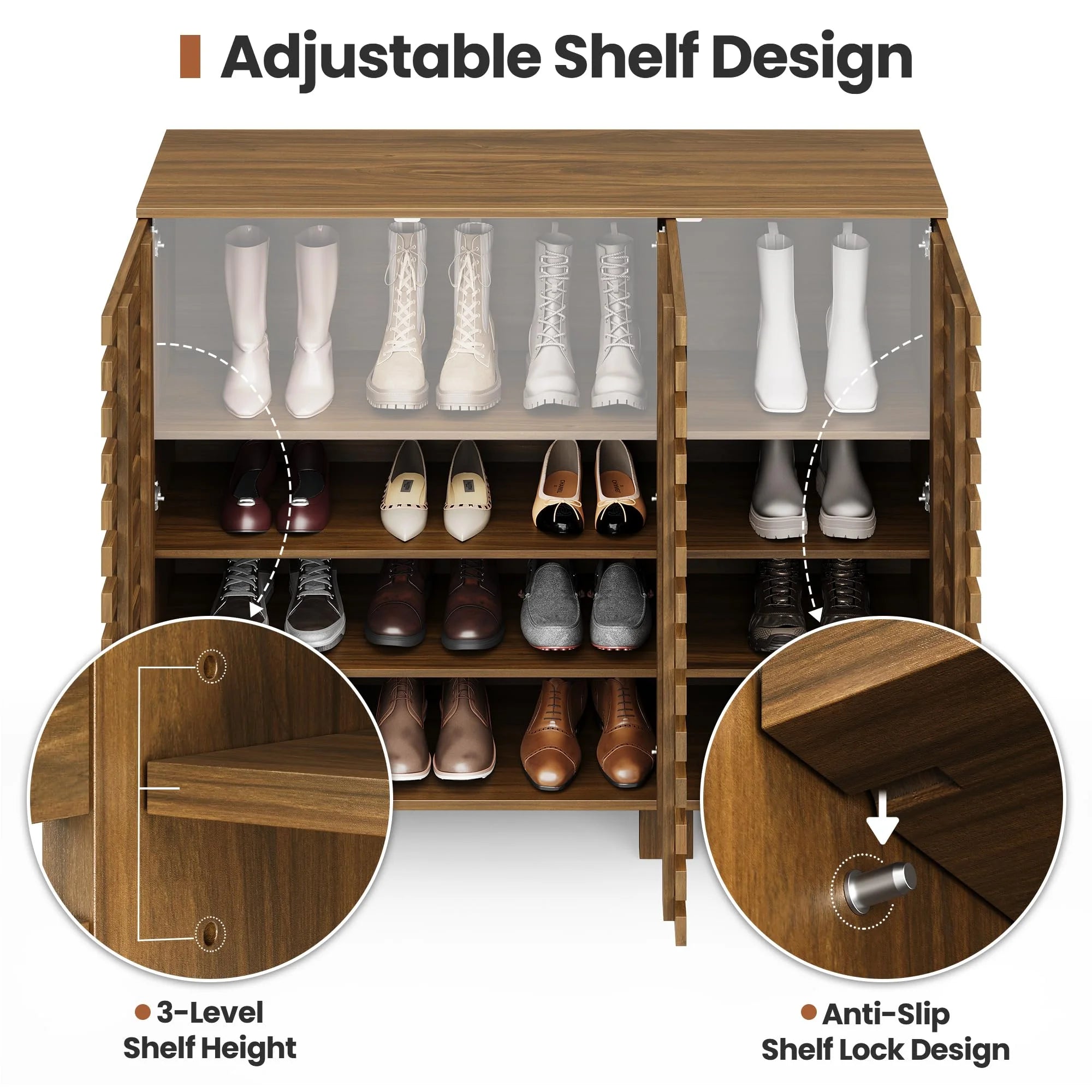 47" Wide Shoe Cabinet with Drawers and Adjustable Shelves, Entryway Shoe Storage Organizer with Louvered Doors, Japandi Brutalist Walnut Grid Design, Fits 20–24 Pairs