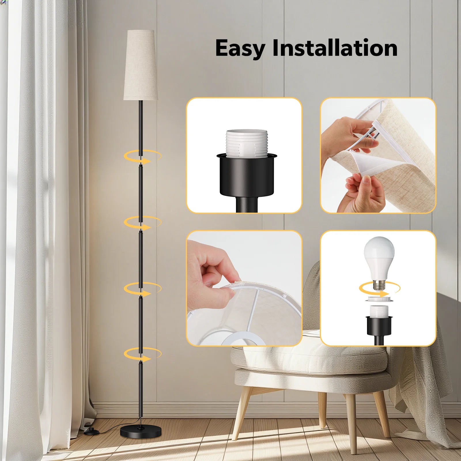 66" Floor Lamps for Living Room with Remote Control 3 Color Temperature Dimmable Standing Lamp Tall Pole Lamps for Bedroom, Office,Black,Bulb Included